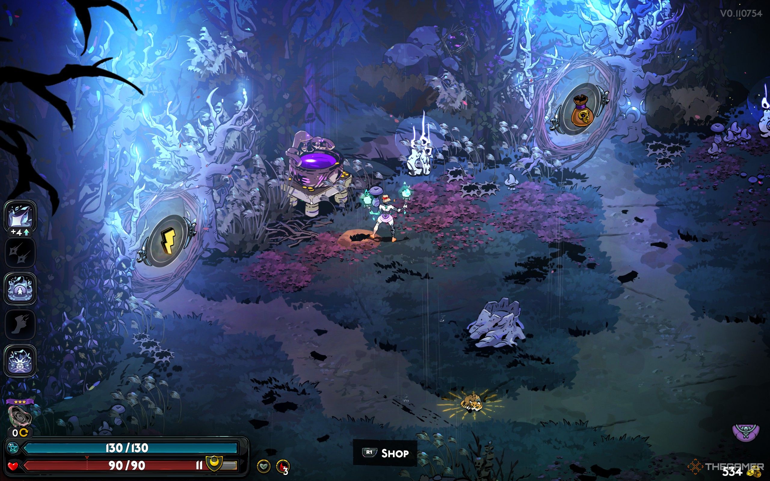 Melinoe is standing near the Well of Charon, to her left is Zeus's sigil, to her right is Charon's shop.