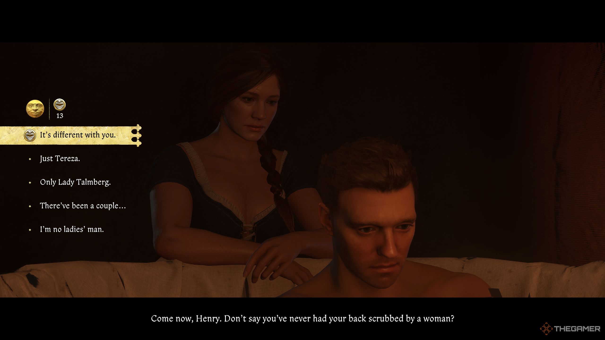 Henry talking Katherine while talking a bath.