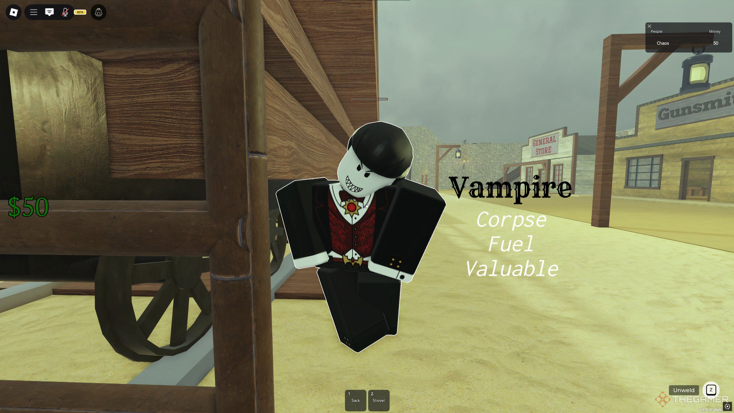 A dead Vampire, posing for the camera in Dead Rails on Roblox.