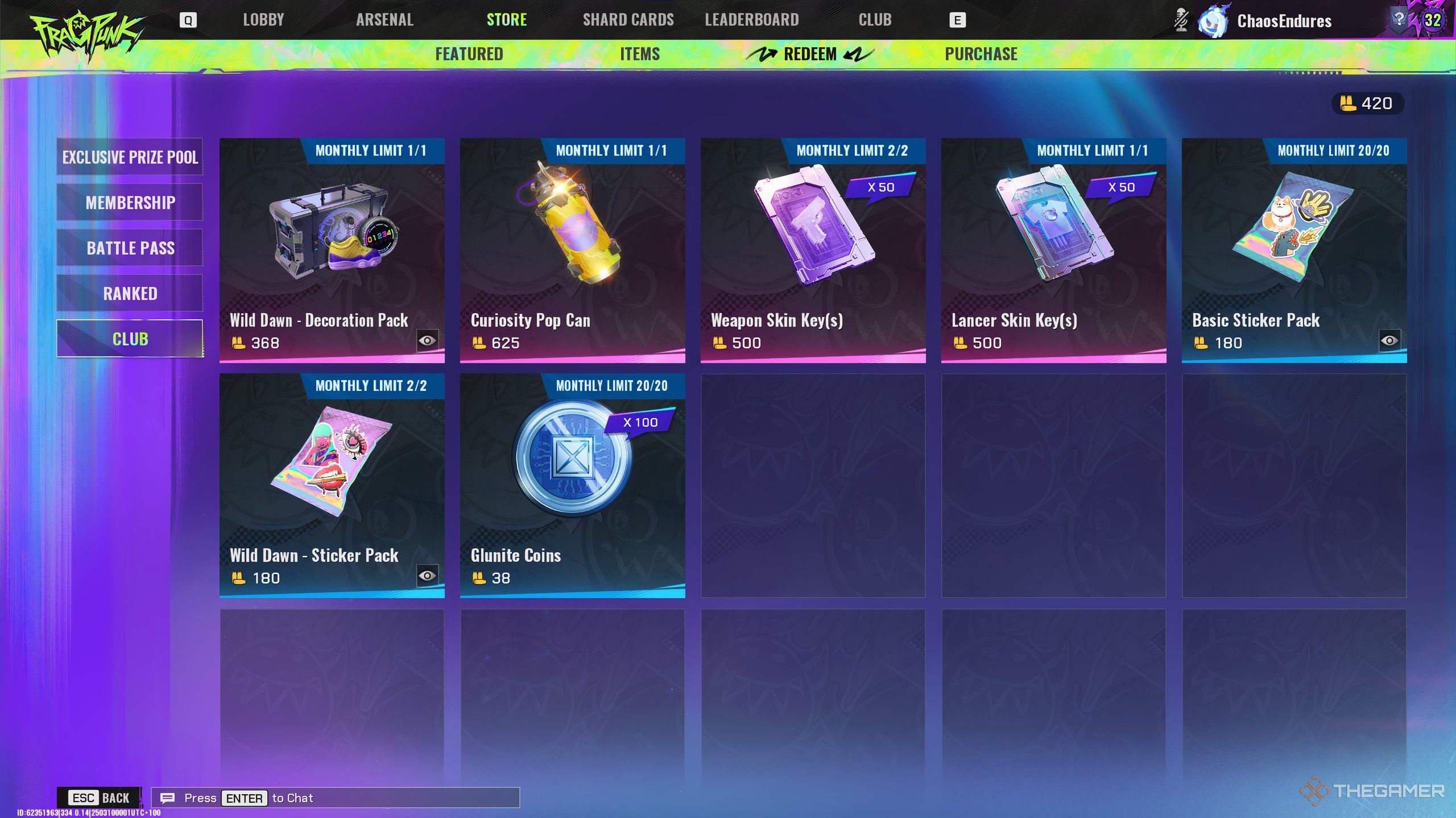 The Club rewards, in the Redeem tab of the Store in FragPunk.
