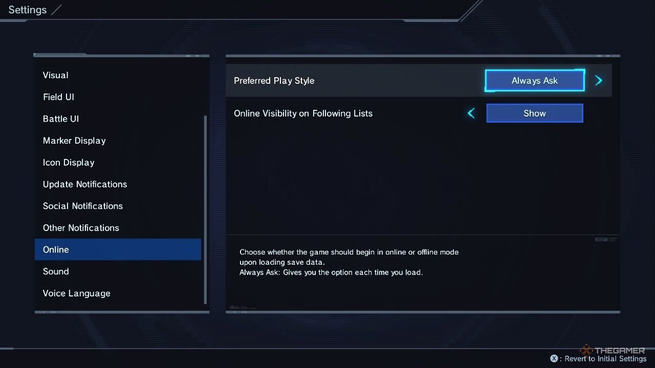 Online mode in the settings in Xenoblade Chronicles X
