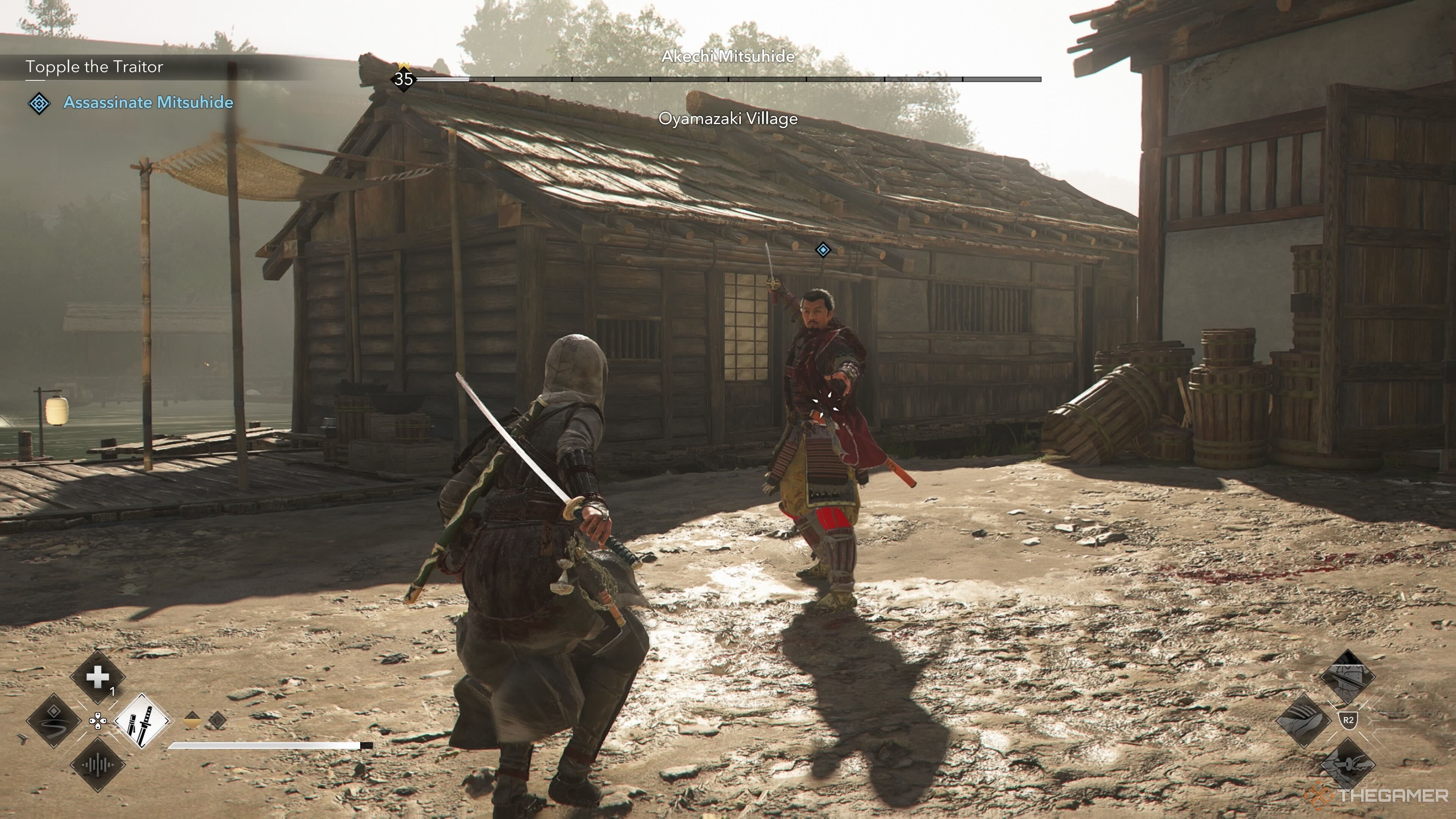 Naoe fighting Mitsuhide in Assassin's Creed Shadows.