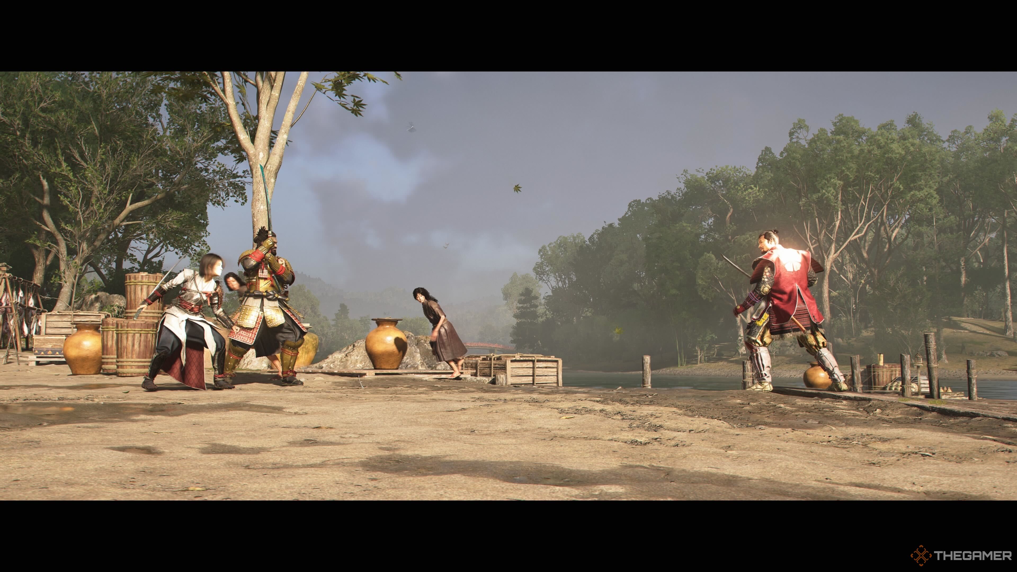 Naoe and Yasuke fighting Mitshuhide in Assassin's Creed Shadows.