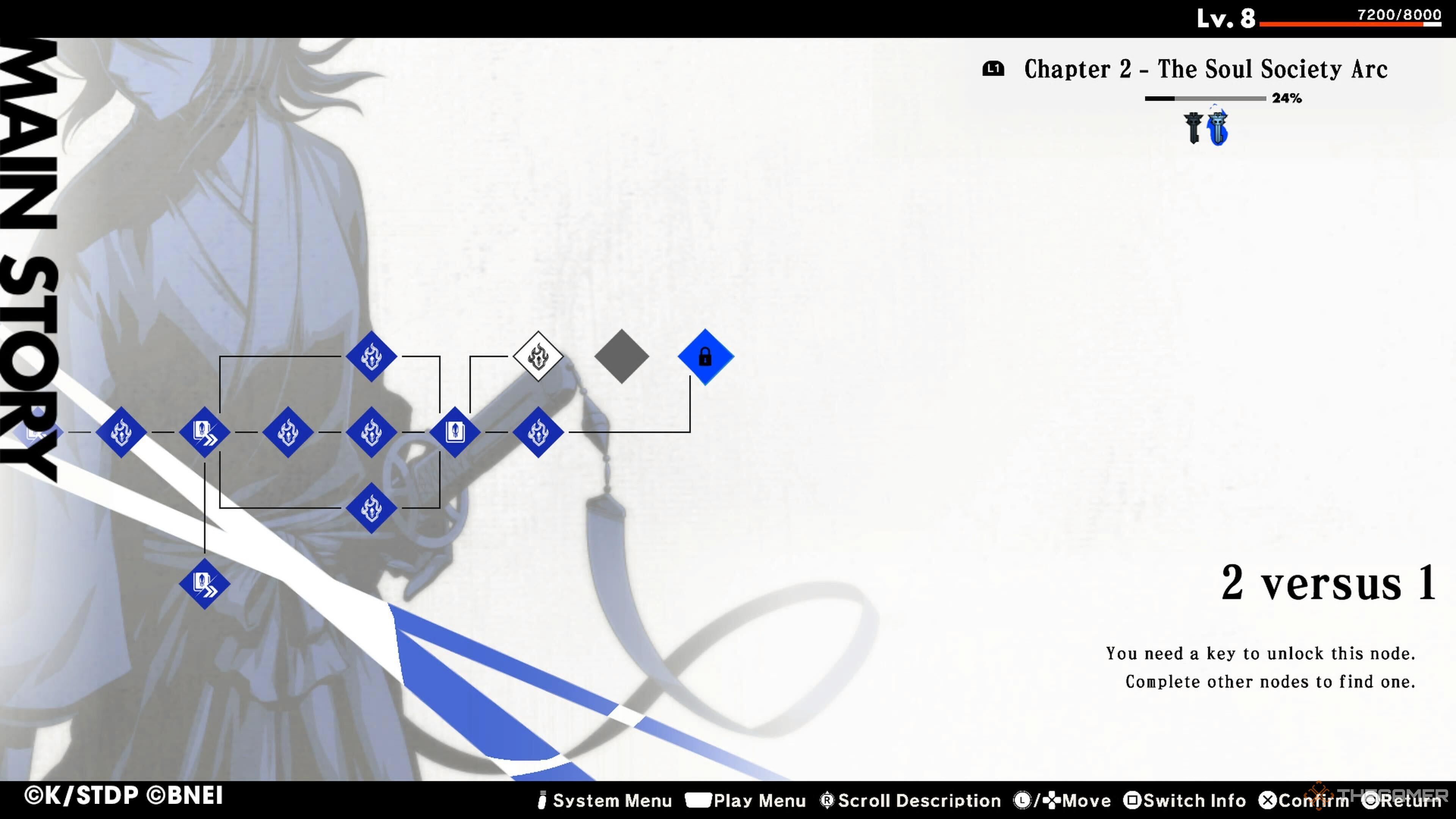 A node needing an Unlock Key in Bleach: Rebirth of Souls.