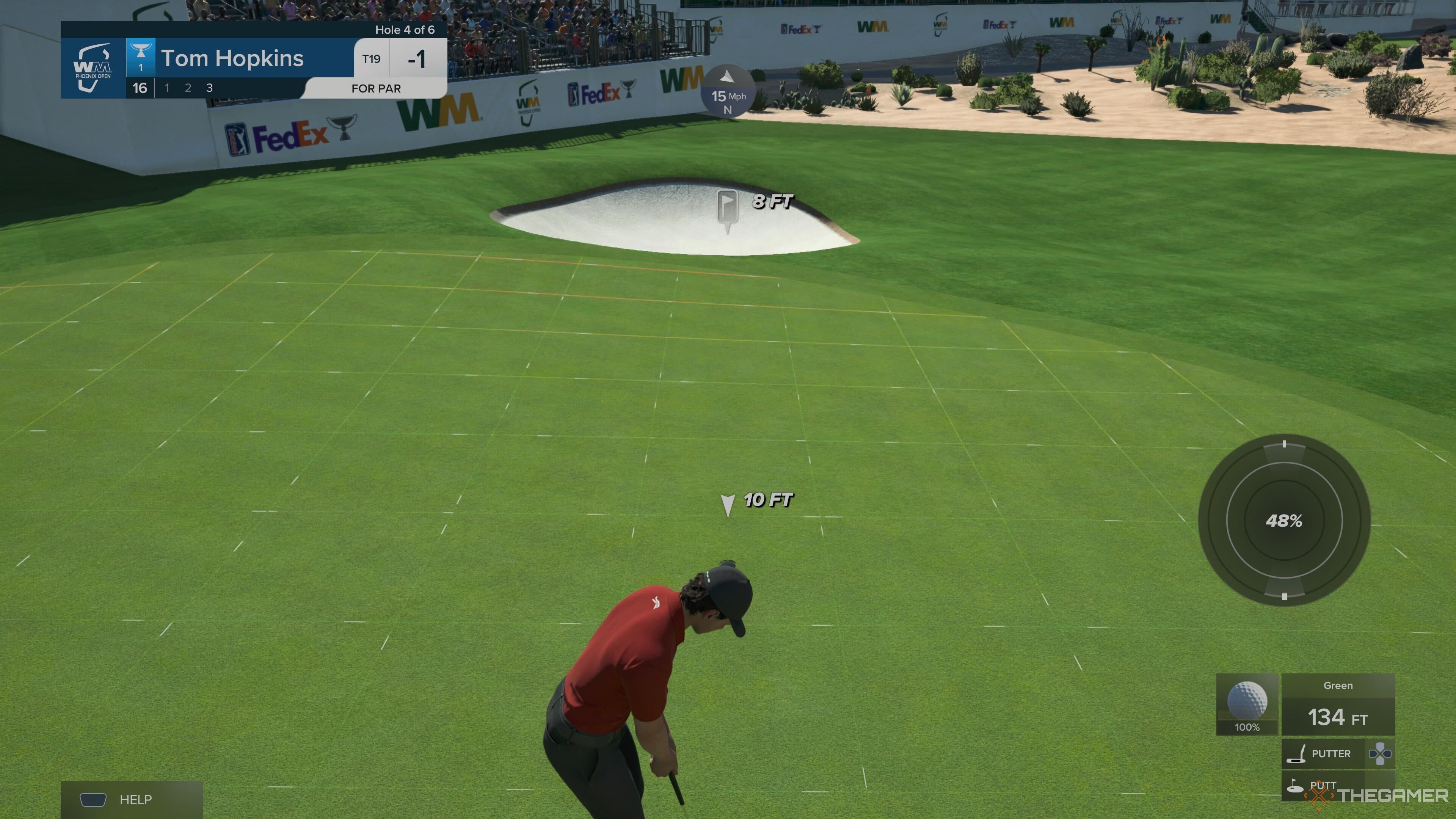 A player putting from above in PGA Tour 2K25.