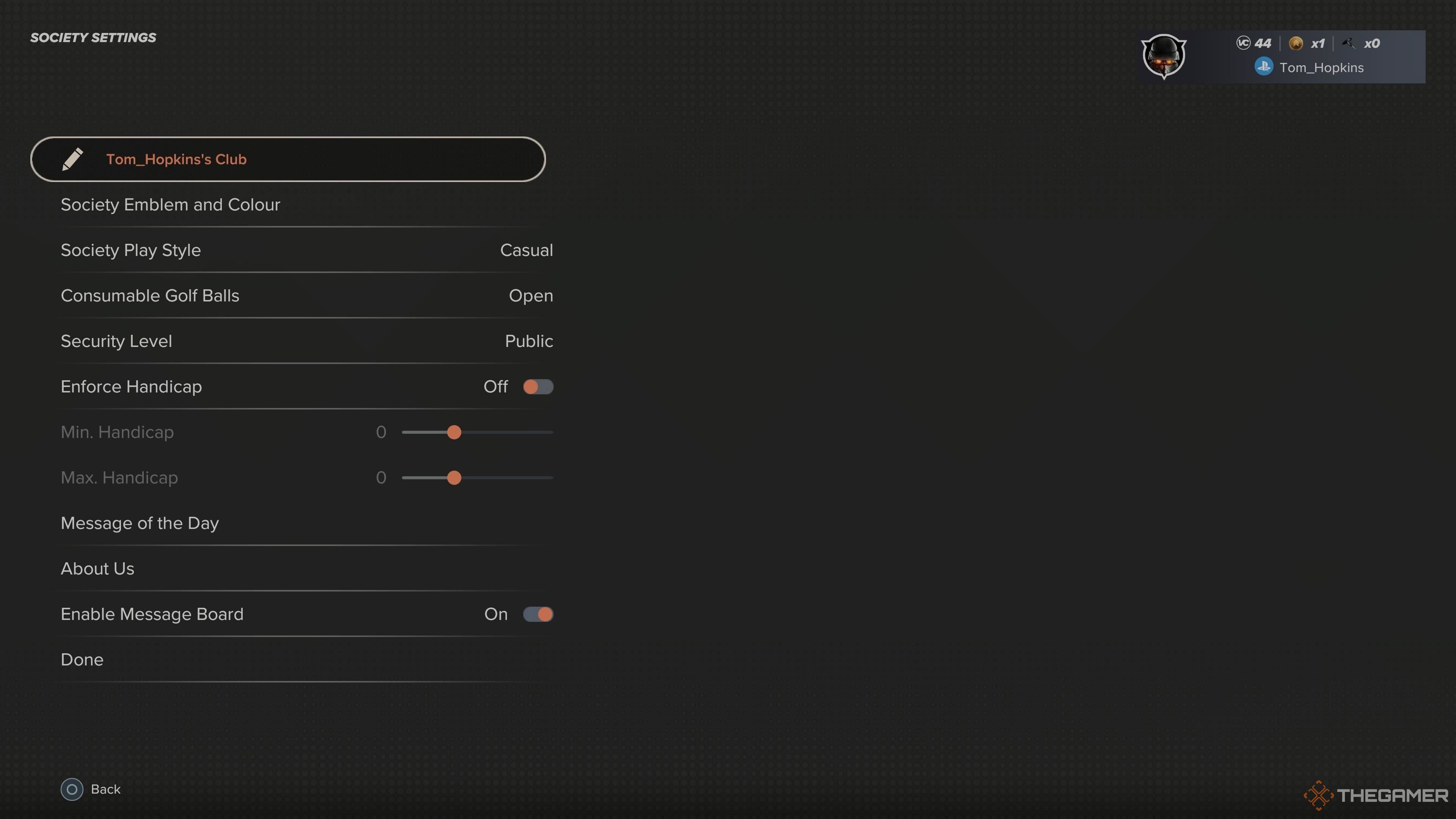 The Societies settings screen in PGA Tour 2K25.