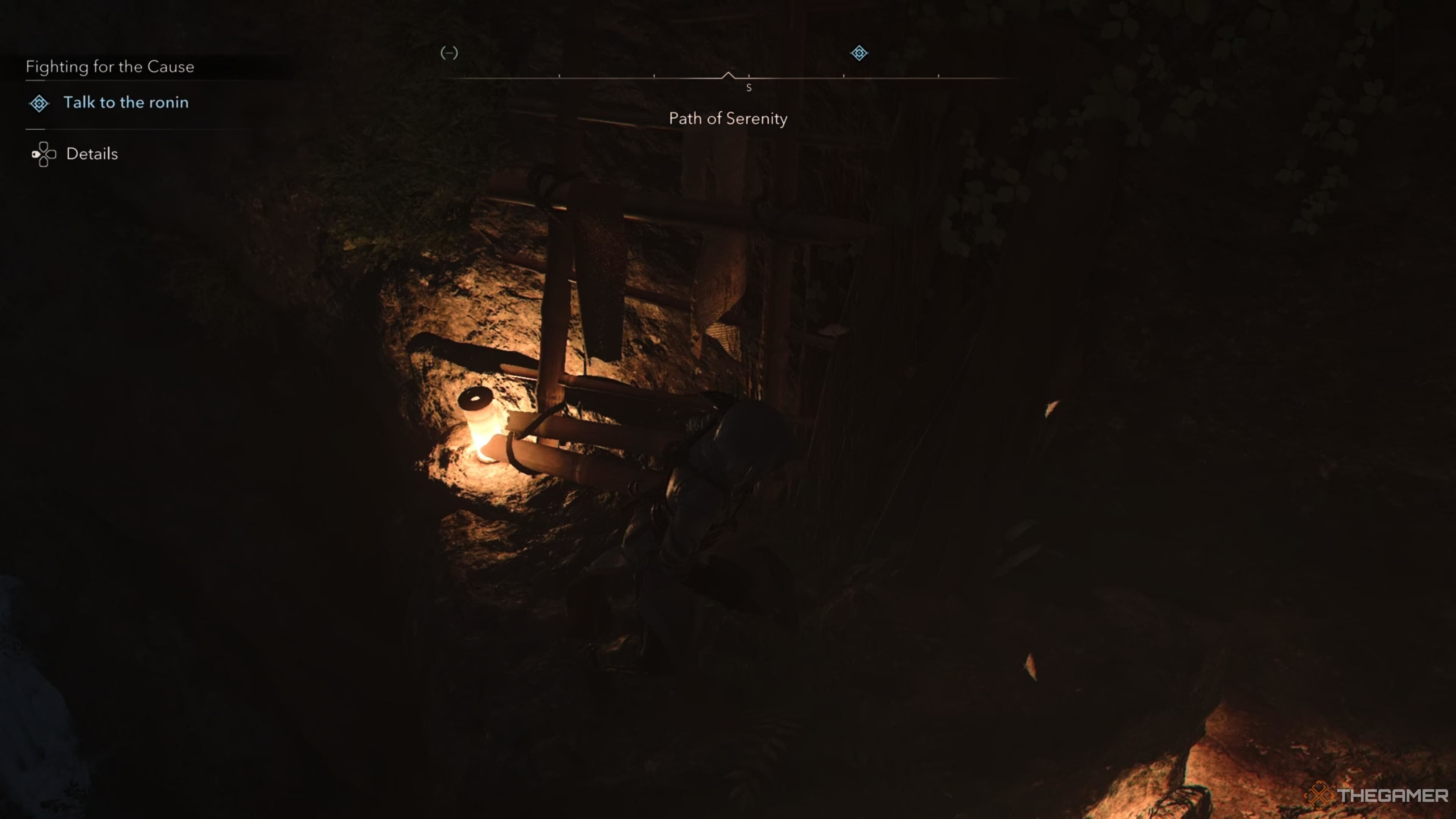 Naoe next to a wooden structure in Assassin's Creed Shadows.