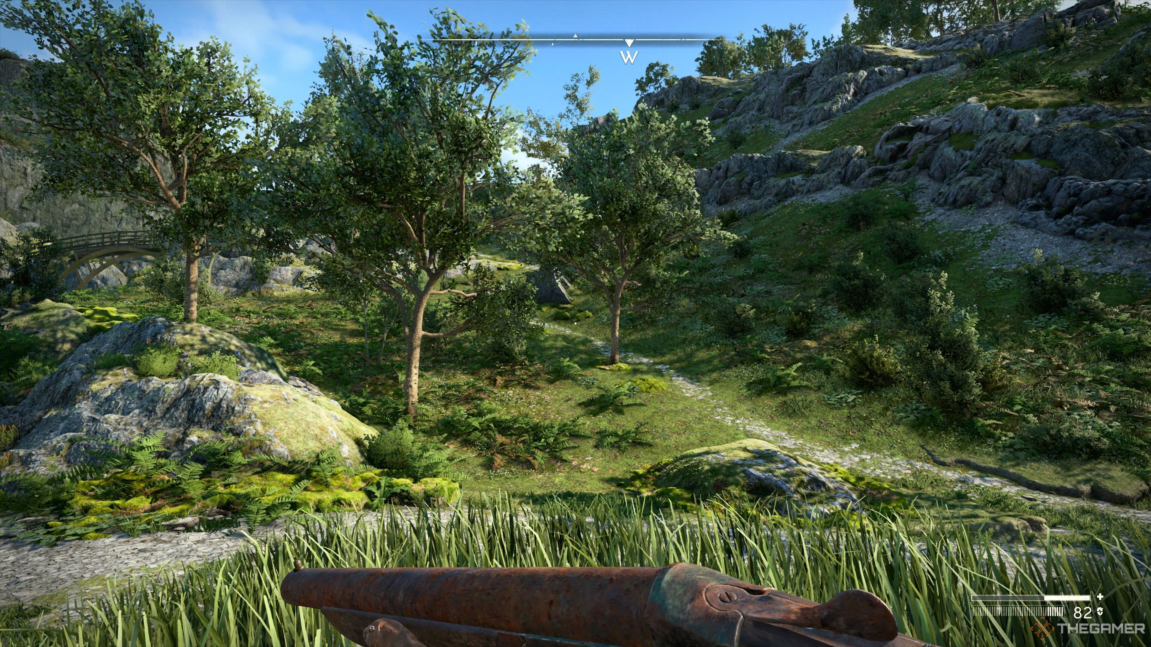 A hill path and lots of trees in Atomfall.