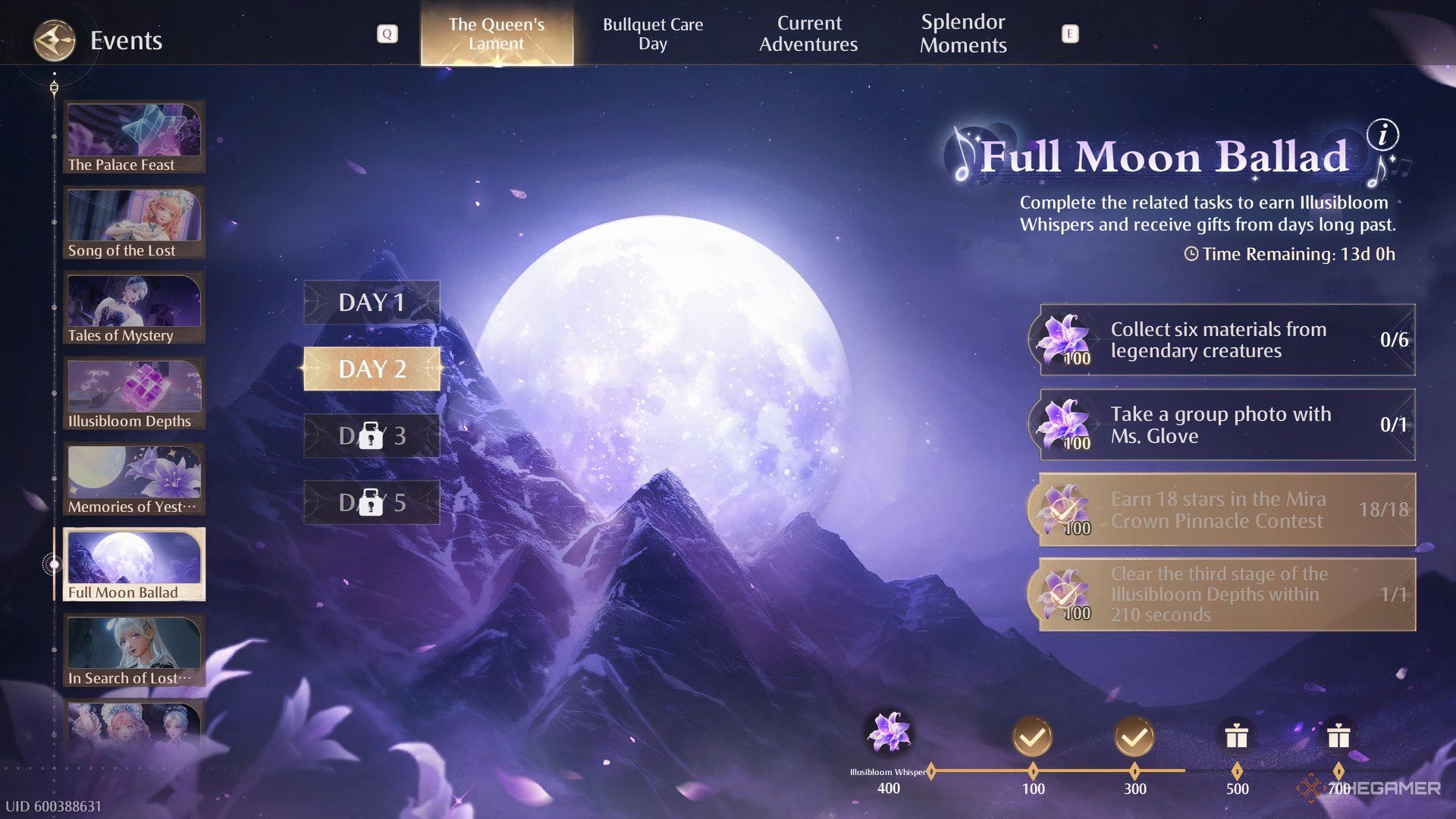 Full Moon Ballad and rewards menu.