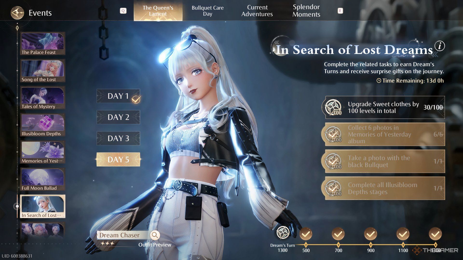 IIn Search Of Lost Dreams Dream Chaser Outfit preview with tasks on the right.