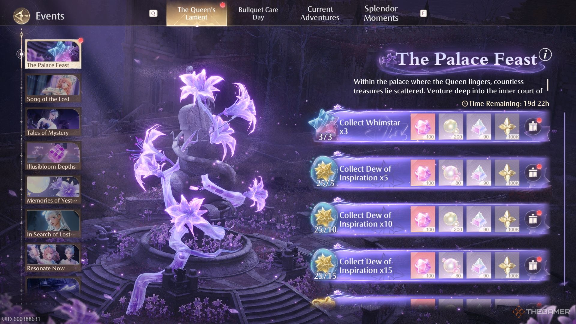 The Palace Feast rewards menu.