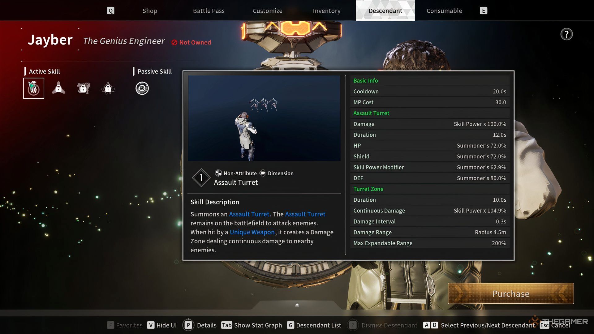A pop-up screen showing Jayber deploying his Assault Turret in The First Descendant.