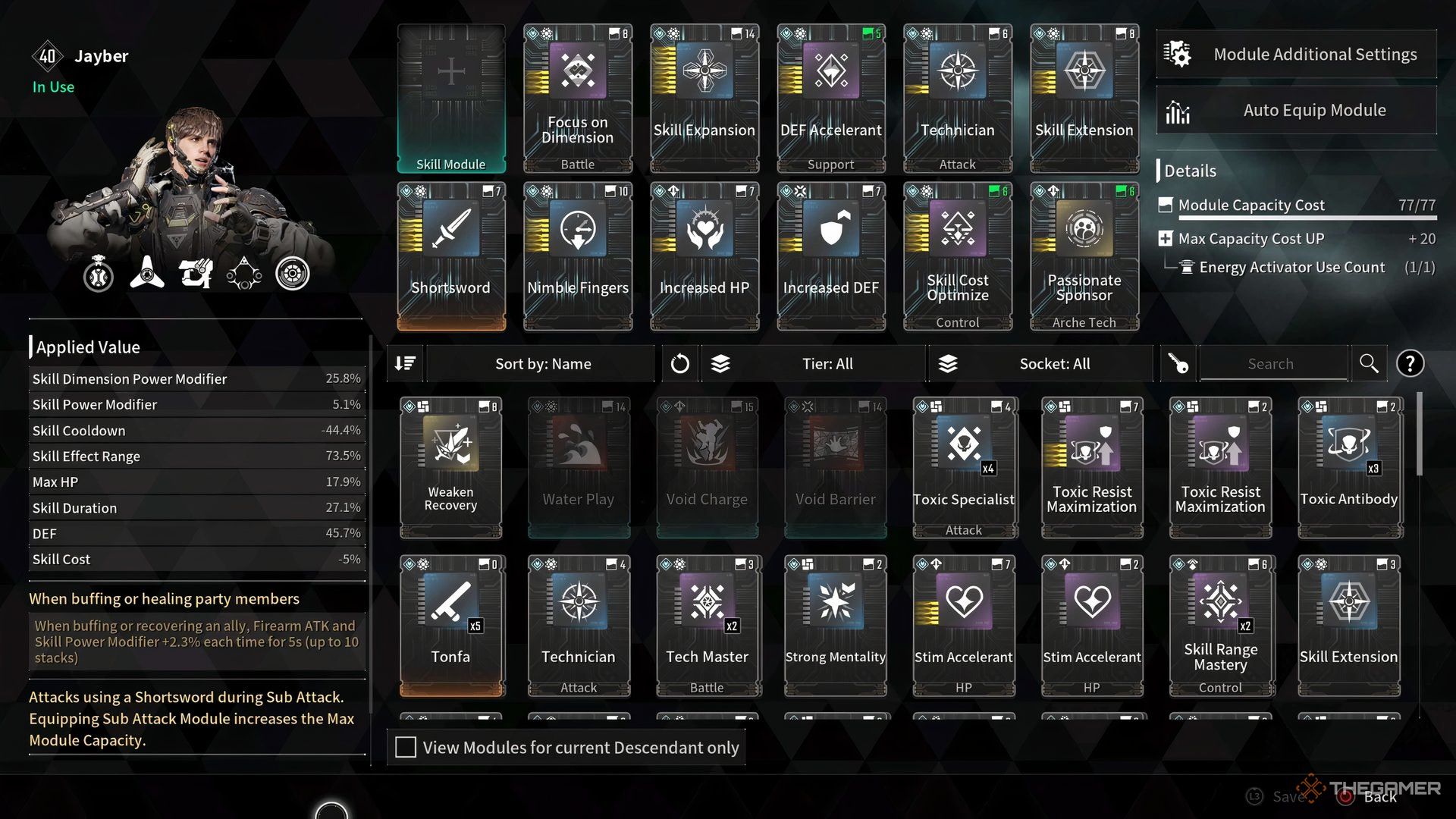 Showcasing Jayber's build complete with Modules and stats in The First Descendant.
