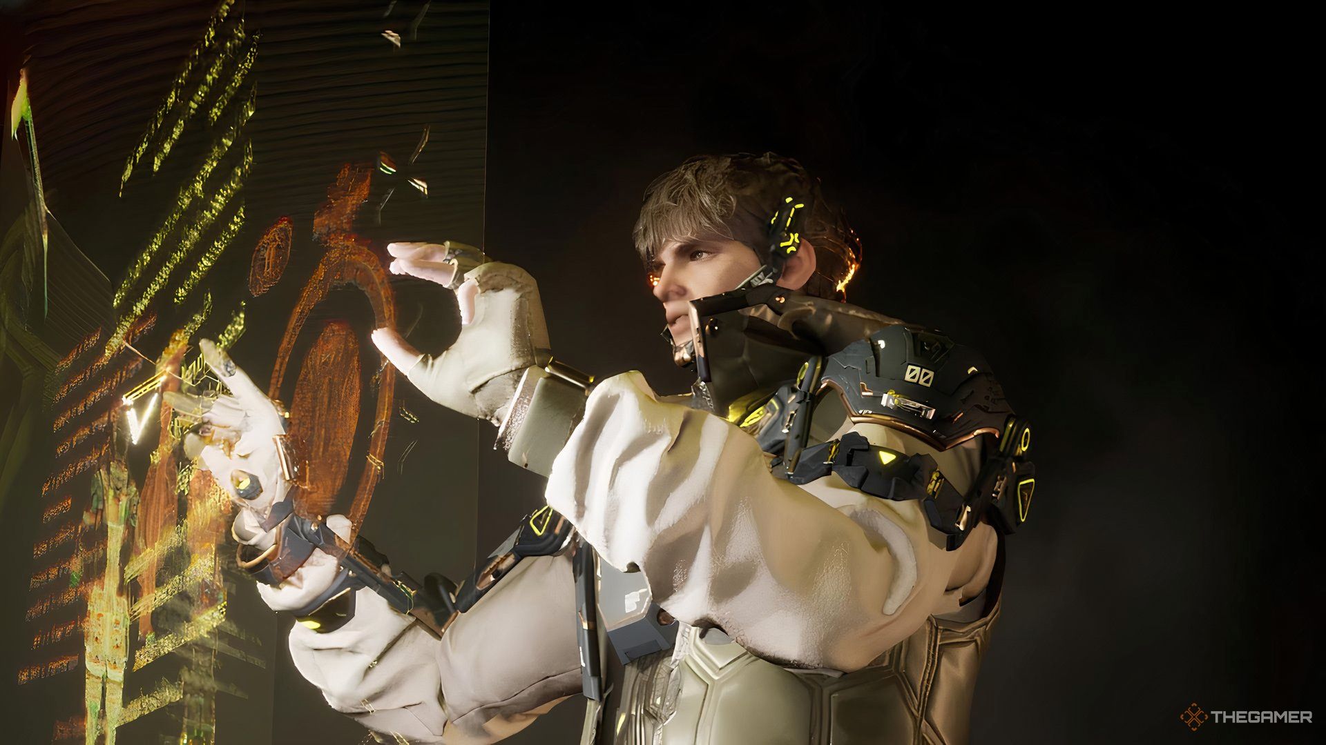 Jayber performing calculations on his holographic control screen in The First Descendant.