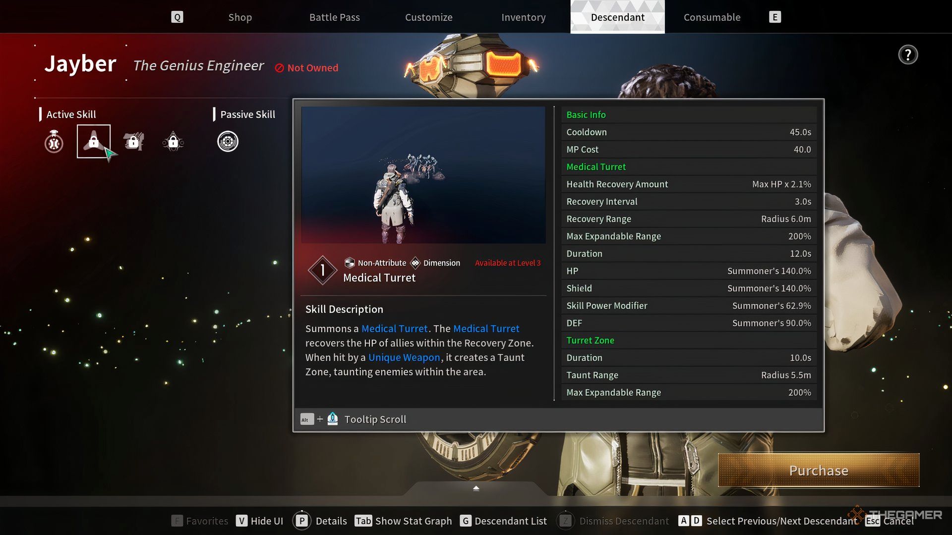 A pop-up screen showing Jayber deploying his Medical Turret in The First Descendant.