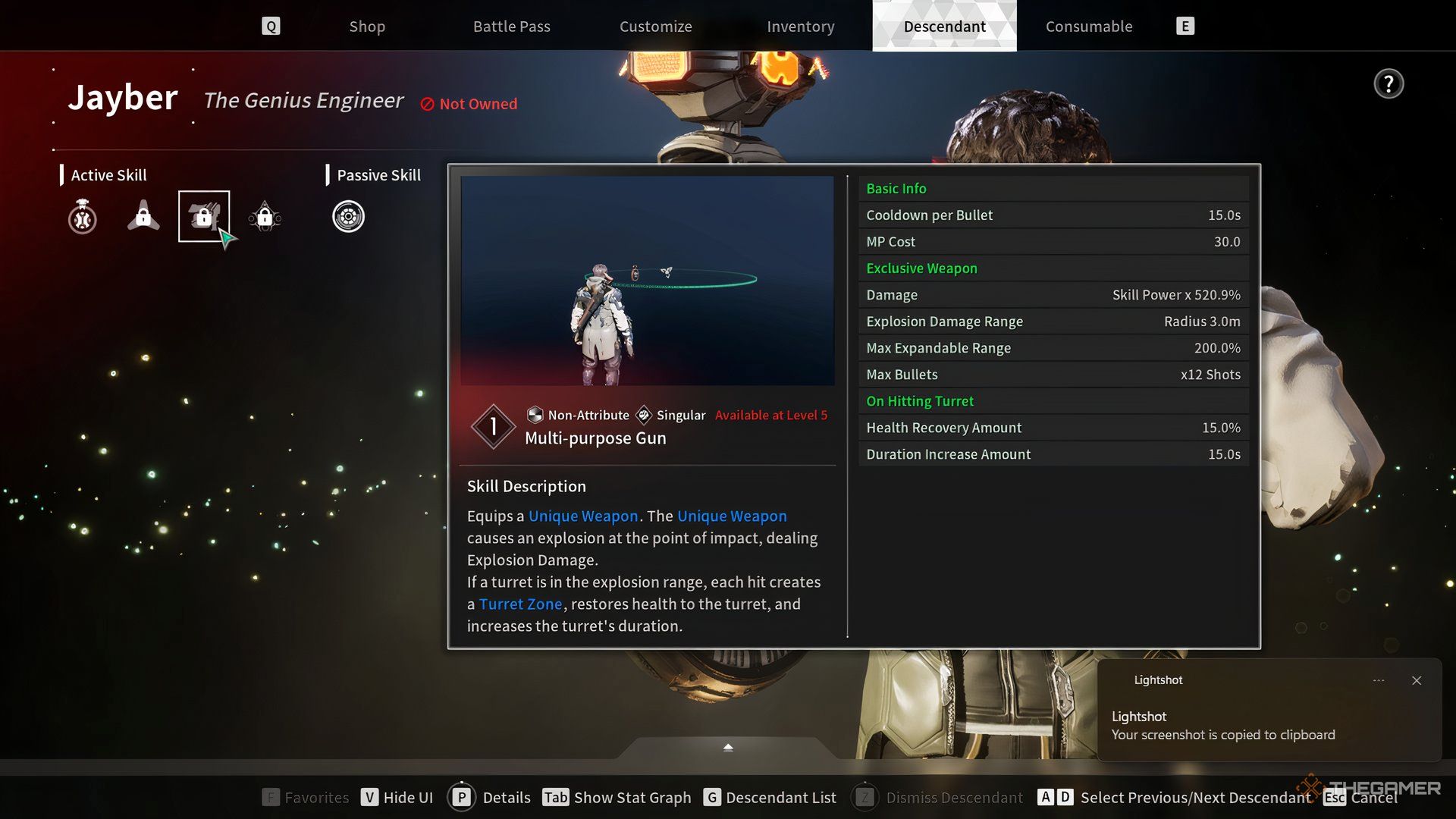 A pop-up screen showing Jayber using a Unique Weapon with his Multi-purpose Gun ability in The First Descendant.