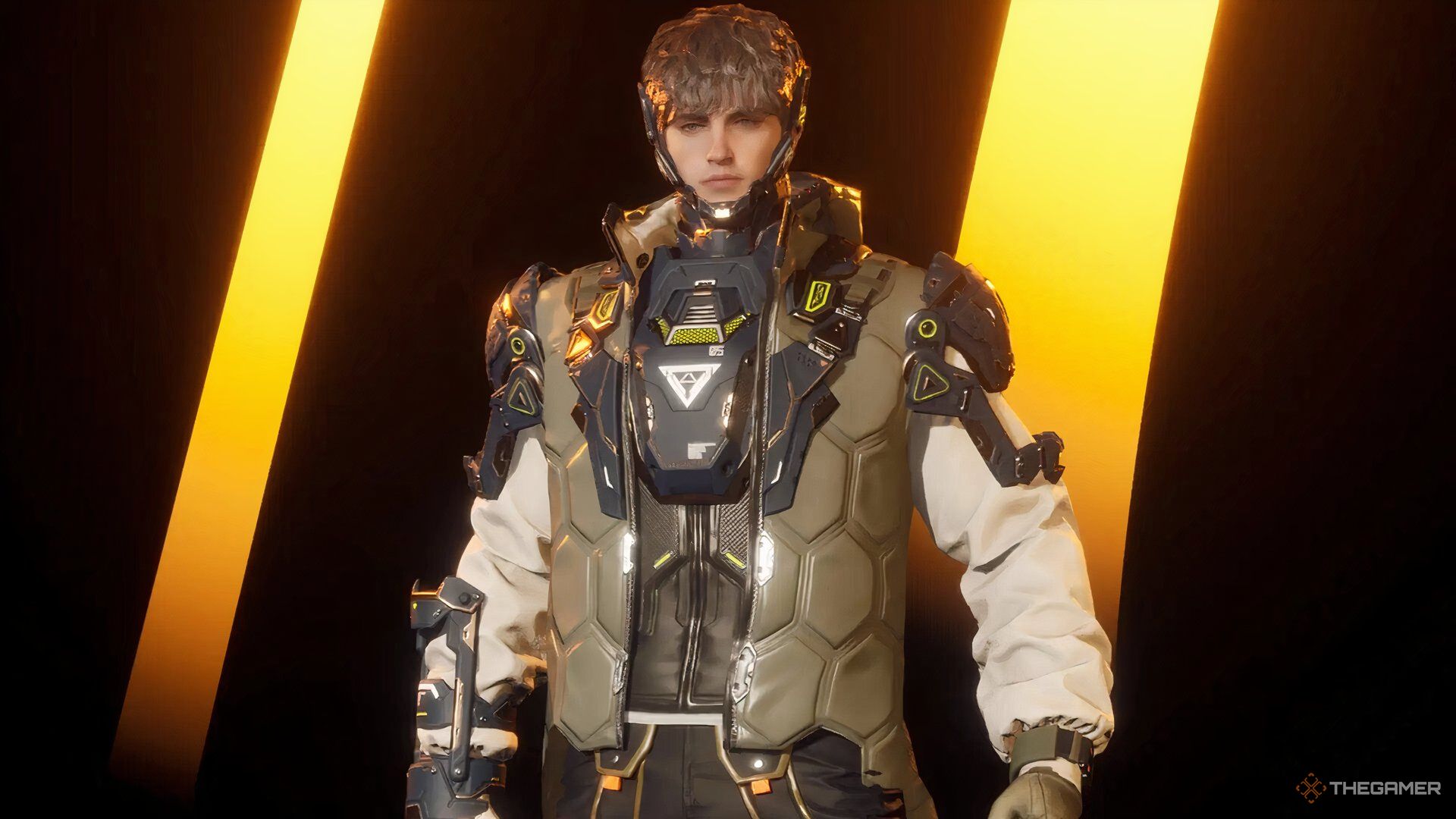 Jayber standing behind a yellow and black banner in The First Descendant.