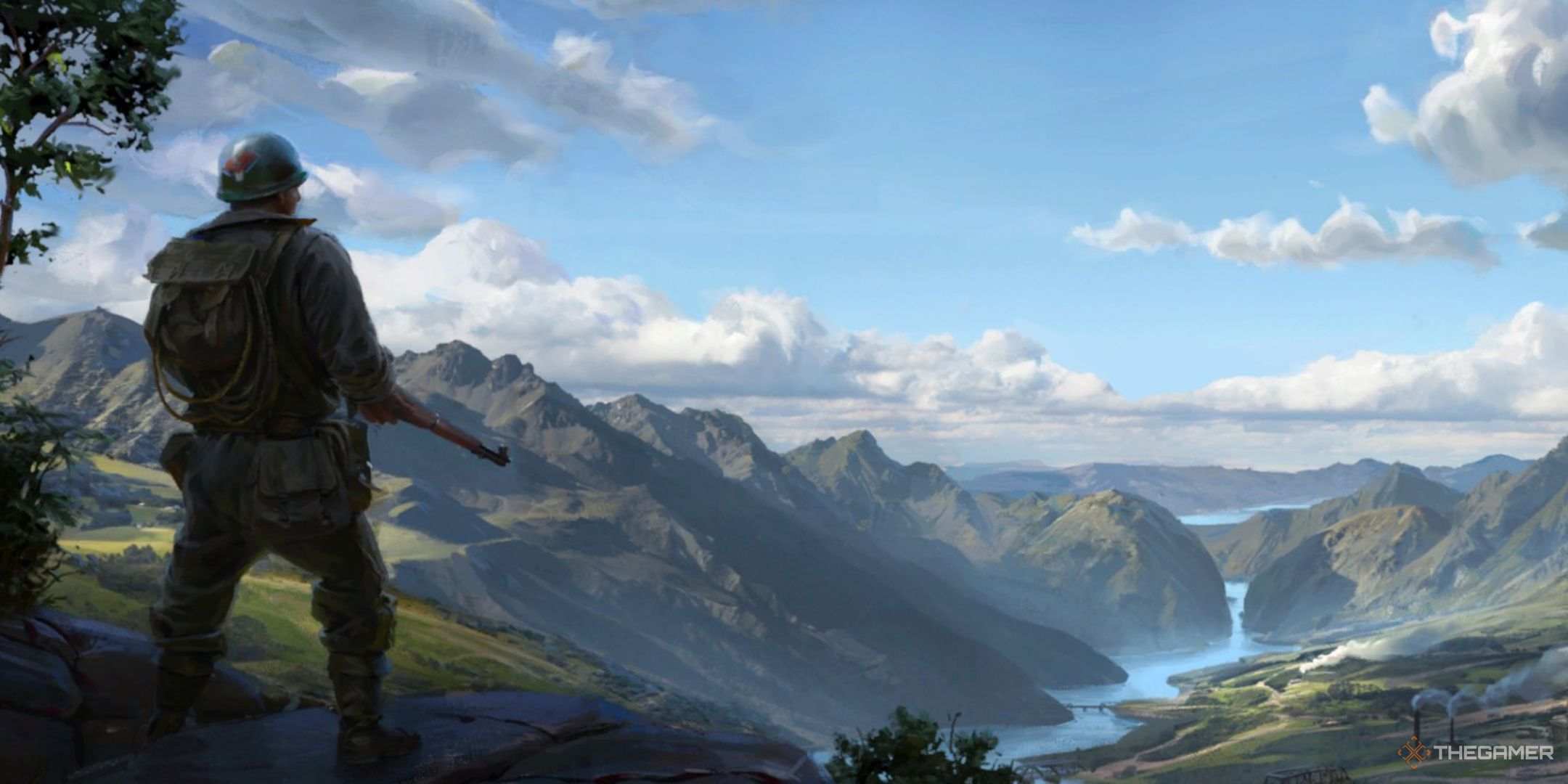 a lone soldier looks out over a river valley on the title screen of kaiserpunk.