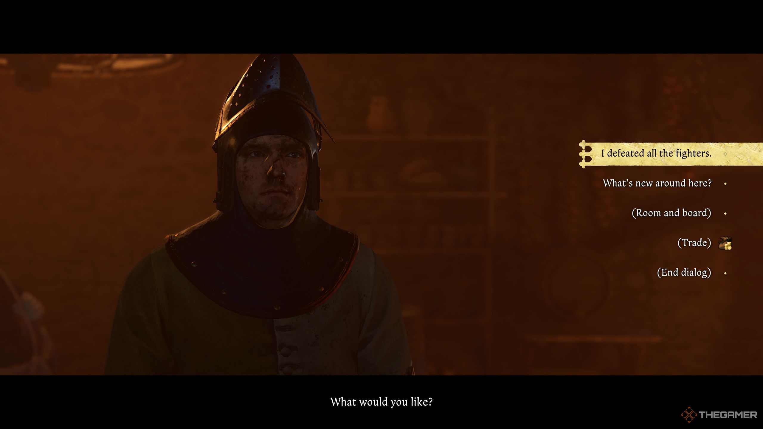 Henry letting the Innkeeper know that he has defeated everyone in Kingdom Come: Deliverance 2.
