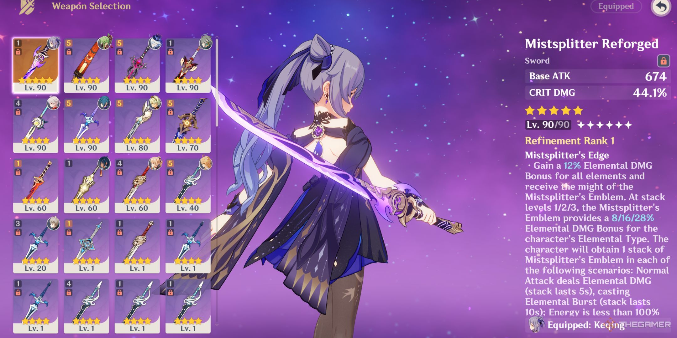 Keqing holding the Mistsplitter Reforged in Genshin Impact.