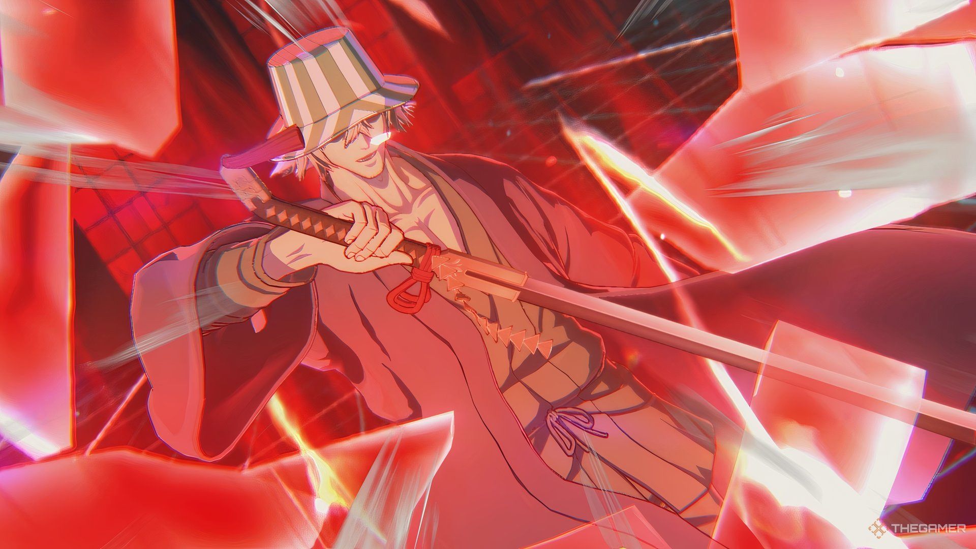 Kisuke Urahara unsheathes his sword amidst red plates in Bleach Rebirth of Souls.