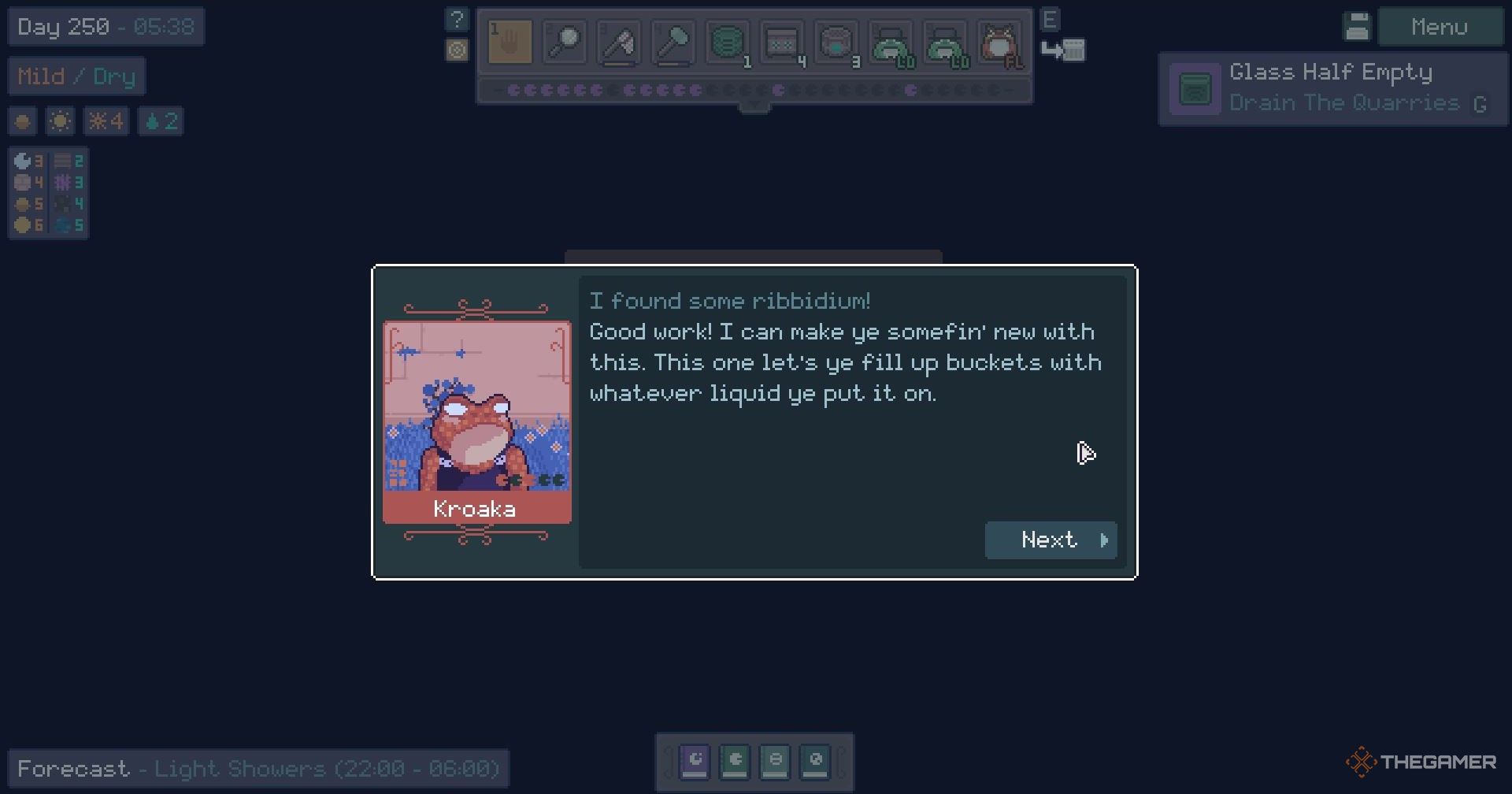 Kroaka telling you that one of the Ribbidium shipments in Mudborne makes a bucket that fills automatically.