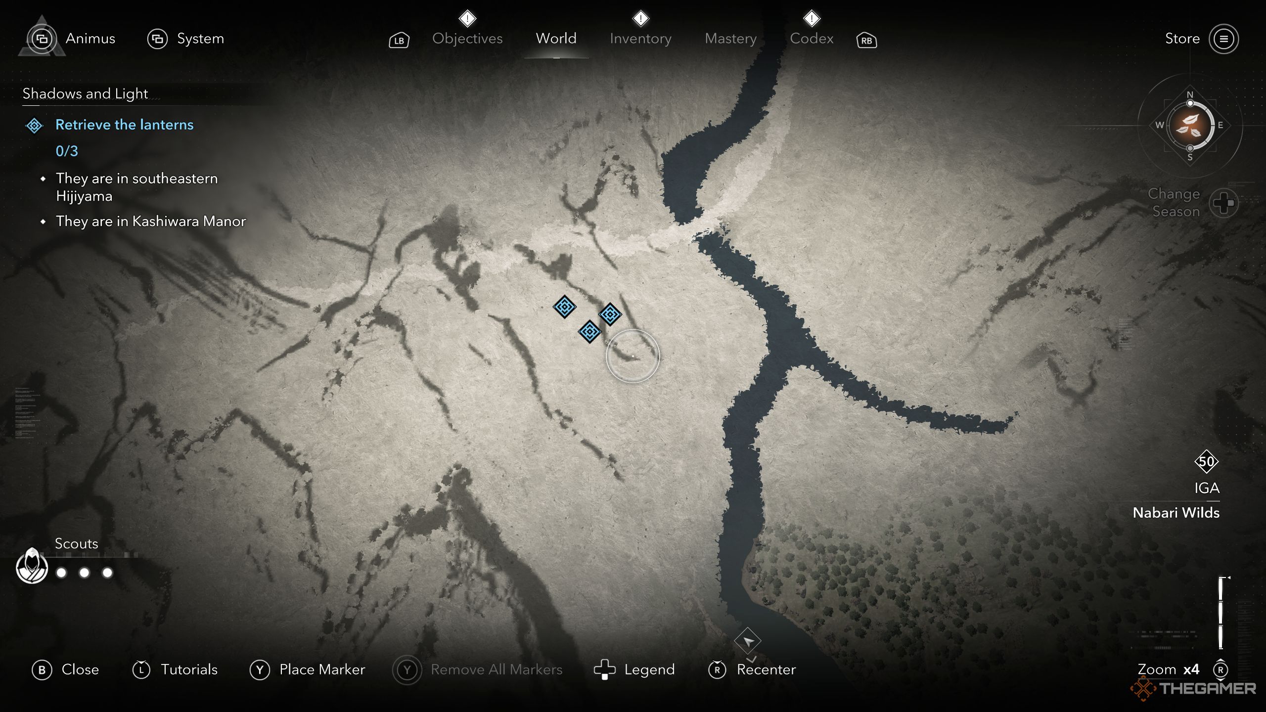 Lanterns' location on the map in AC Shadows.