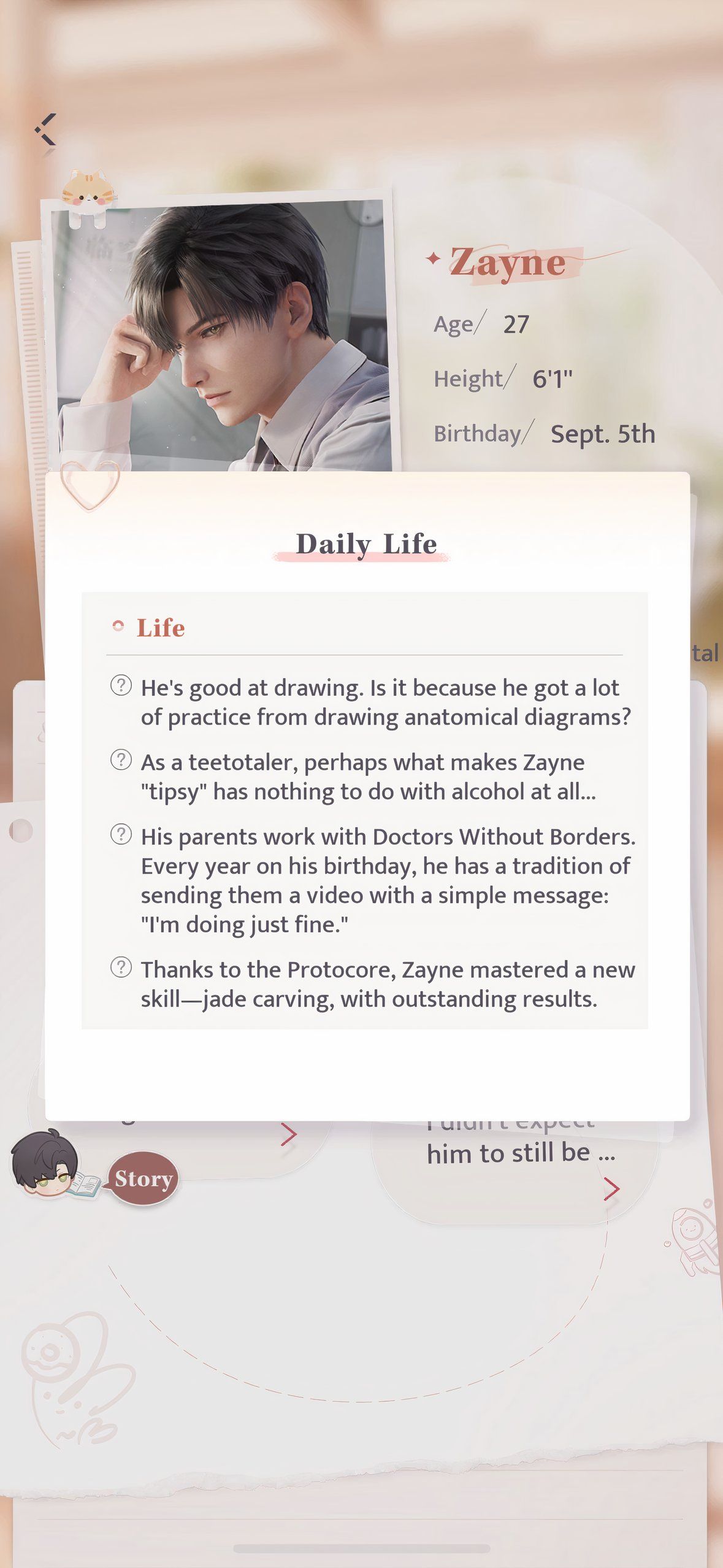 Love And Deepspace: An image of facts about Zayne in the About Him screen