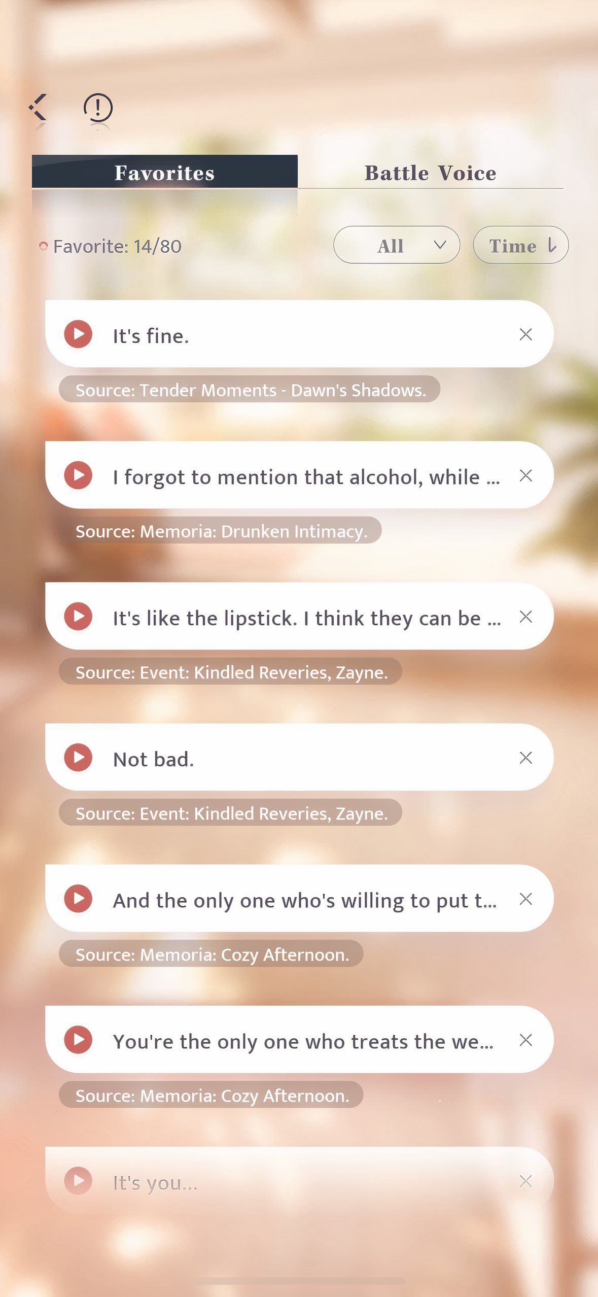 Love And Deepspace: An image of Zayne's favorite voice lines screen
