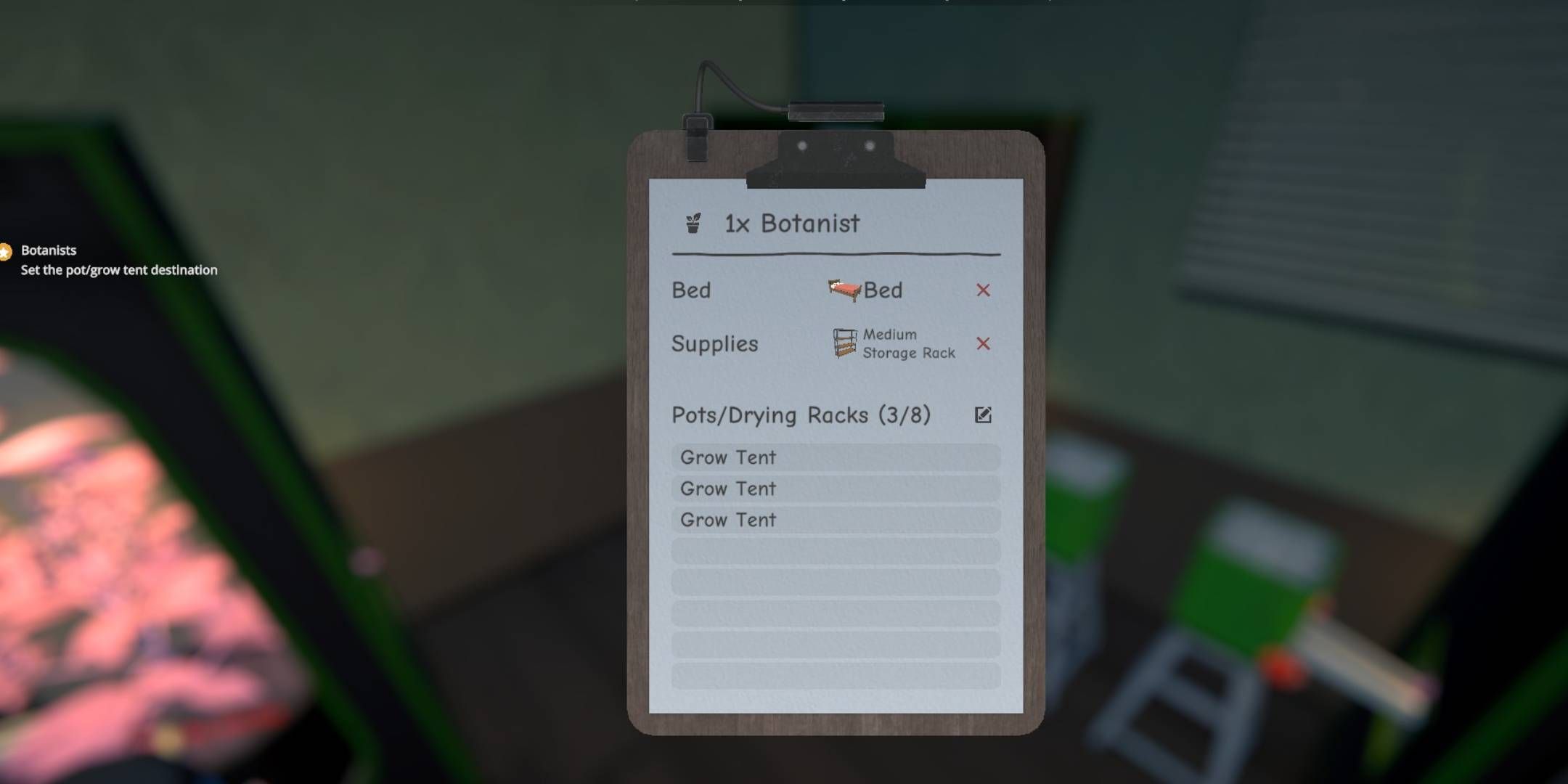 Management Clipboard with different grow tents, beds, and storage on it - a clipboard for managing your workers in Schedule 1.