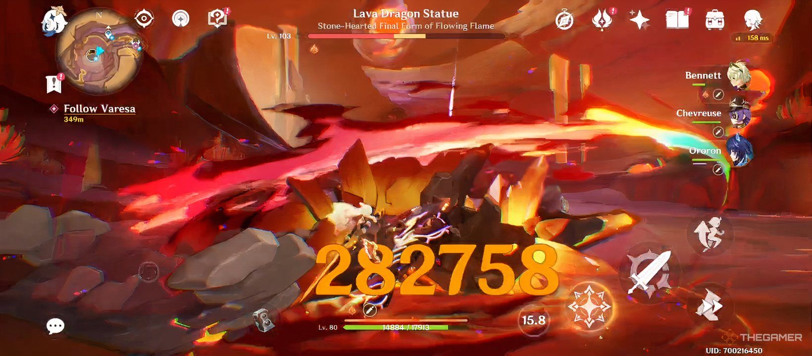 Mavuika from Genshin Impact defeating a stunned Lava Dragon Statue.