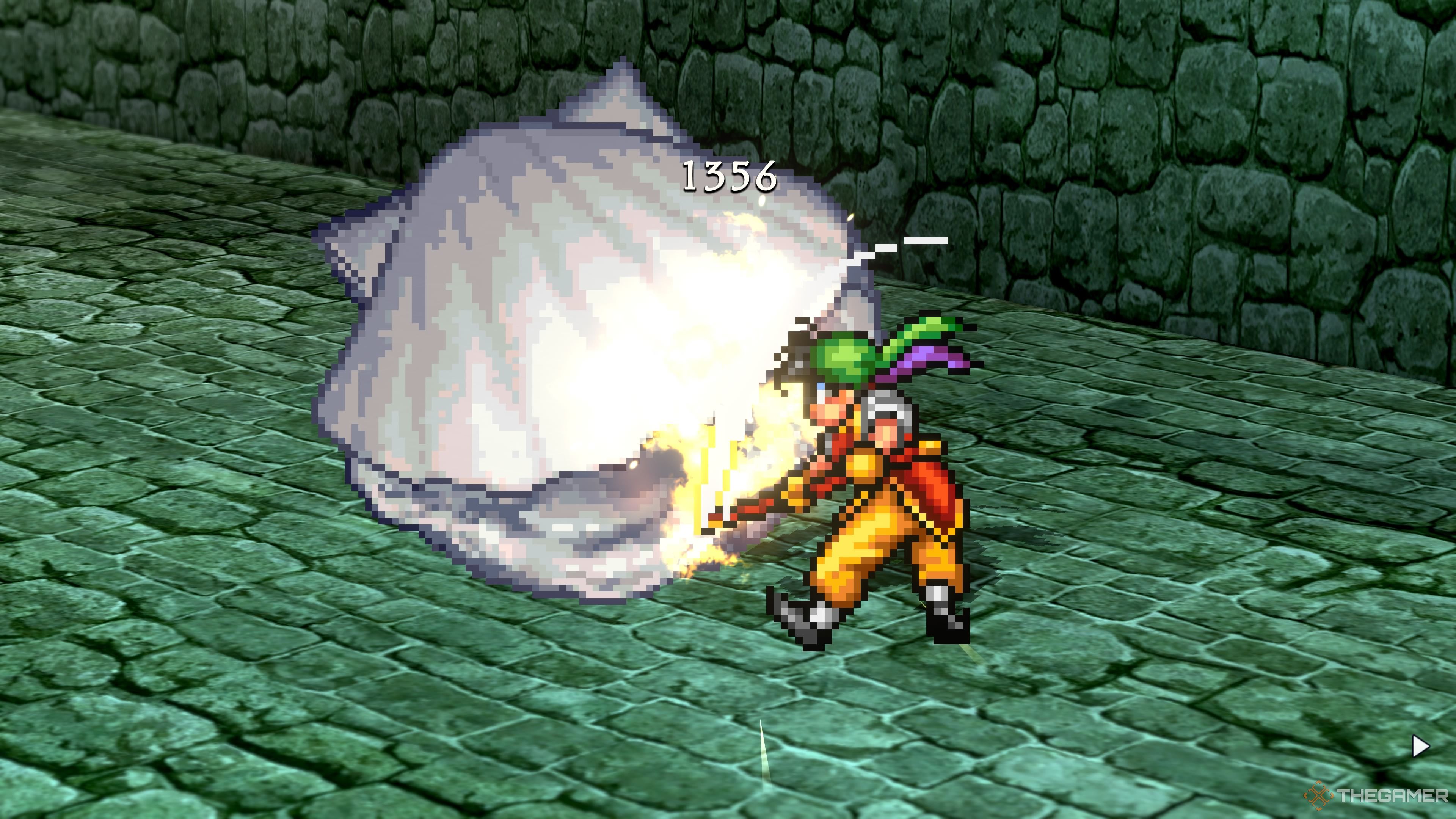 McDohl landing a critical on the Venus Clam boss in Suikoden 1 HD Remaster.