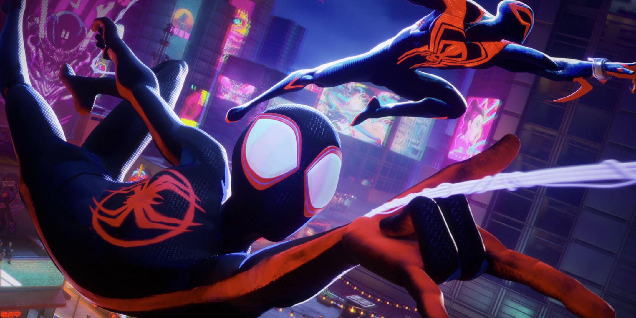 Miles Morales swinging through the city in Fortnite.