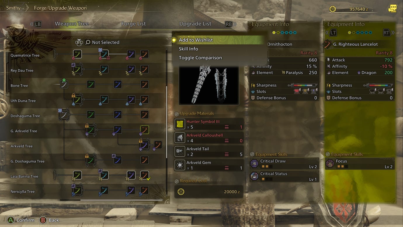 The weapon upgrade menu in Monster Hunter Wilds, with the