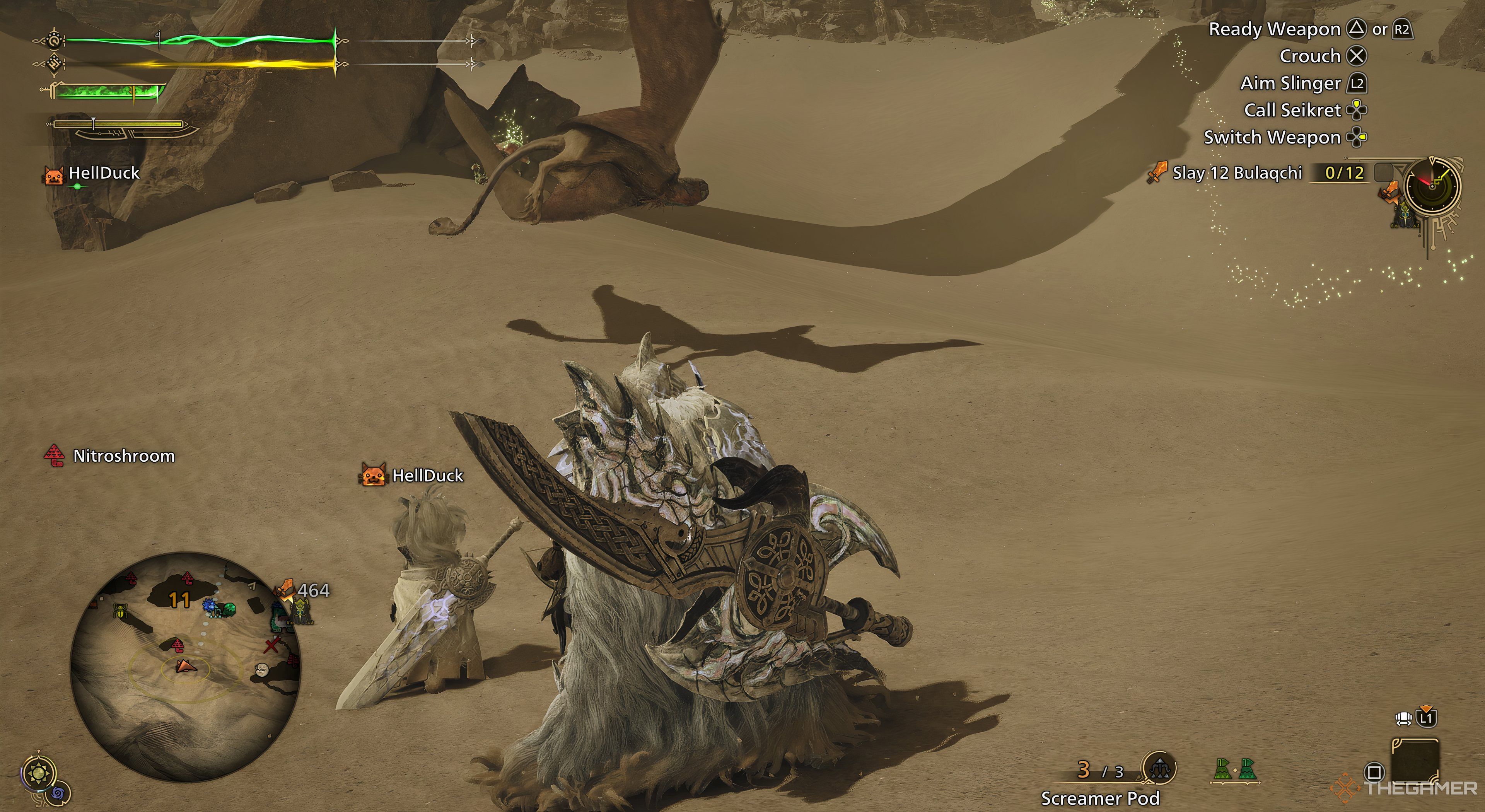 Monster Hunter Wilds Player and Palico looking at monster thats about to hit the ground. There is also a rock in background The games UI is active.