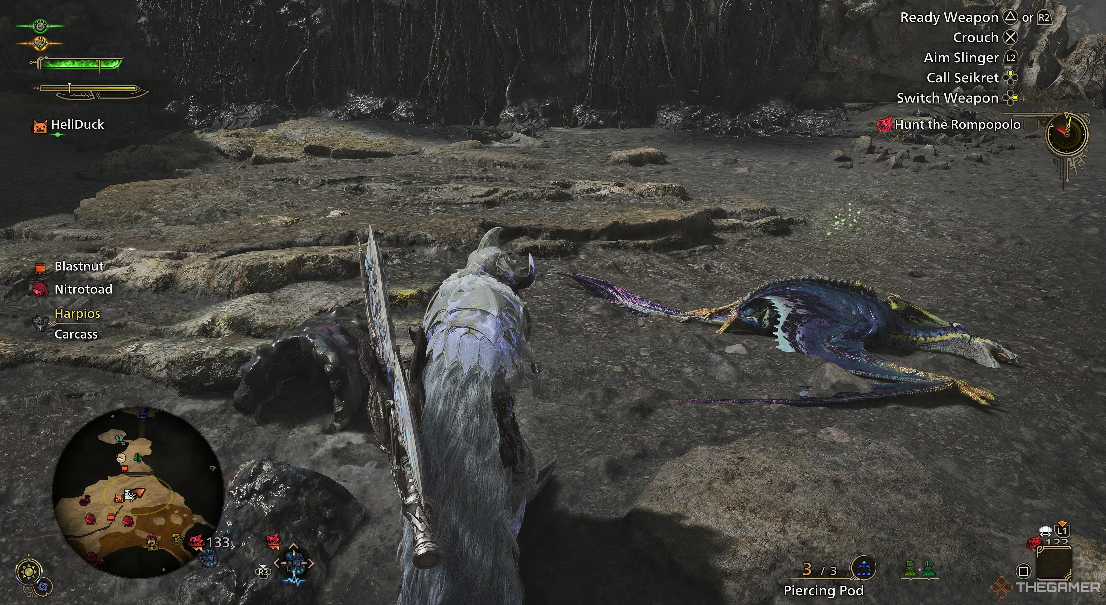 Monster Hunter Wilds character looking at a slain Harpios.