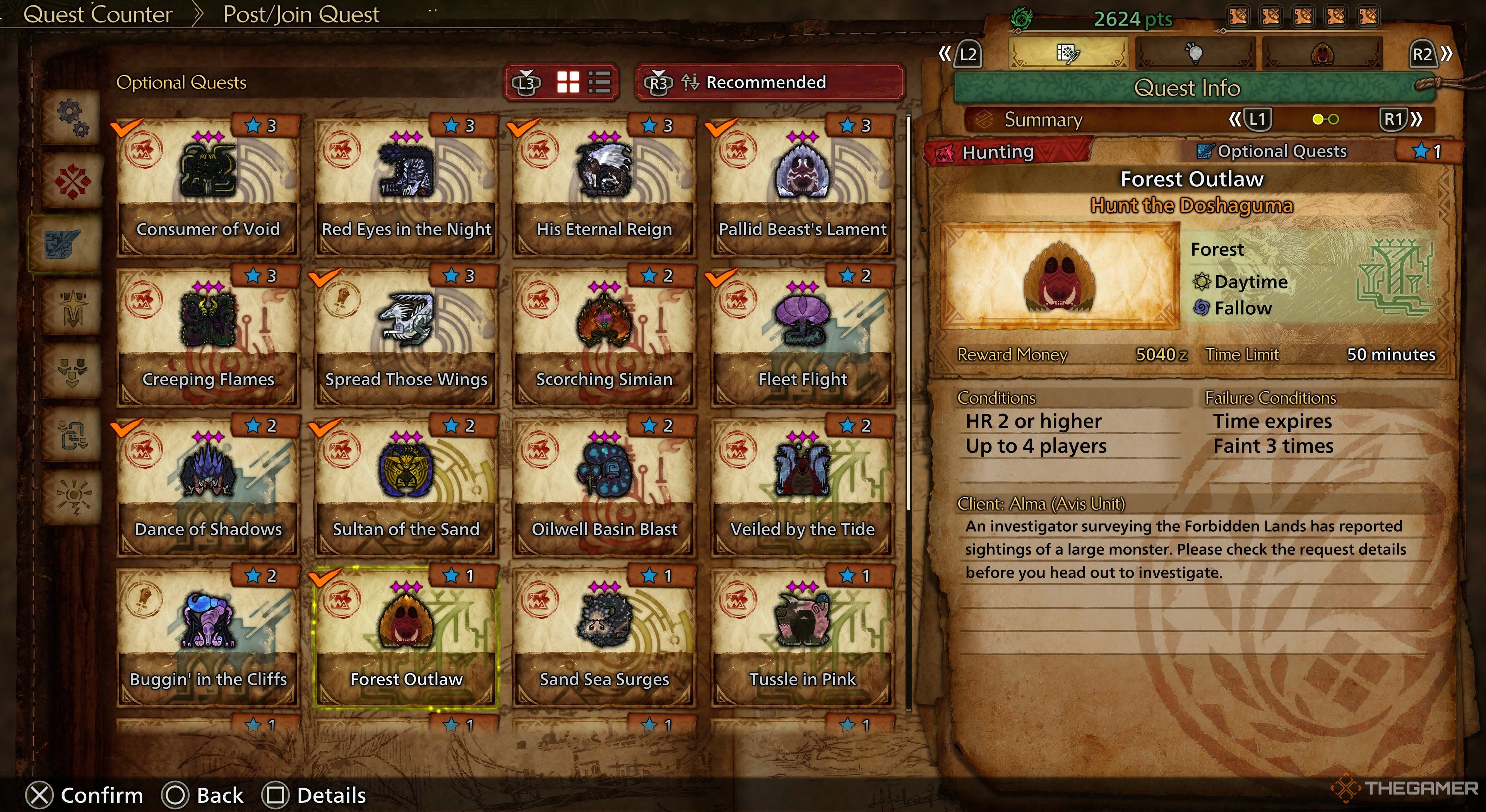 Monster Hunter Wilds the Optional Quest tab open with Doshaguma selected. On the Right there is the information of the quest.
