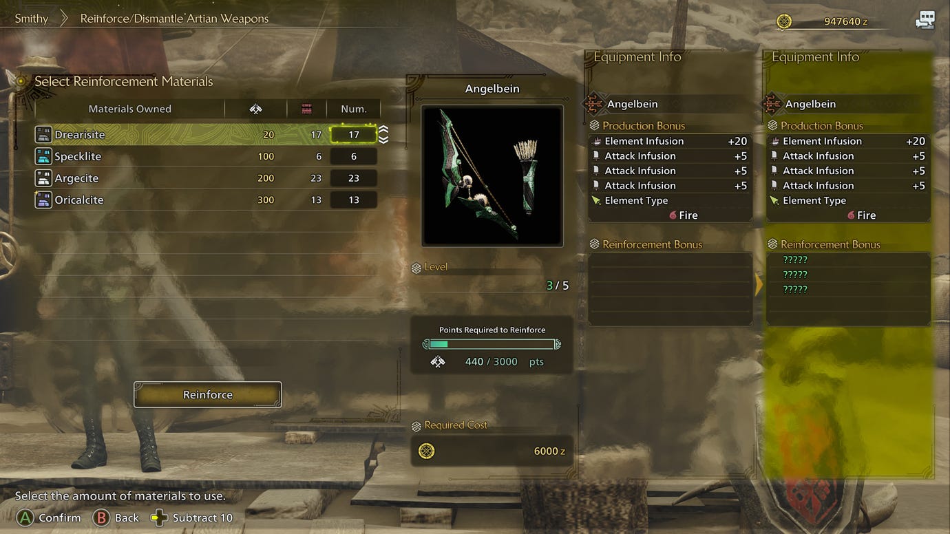 The Reinforce Artian Weapons screen in Monster Hunter Wilds.