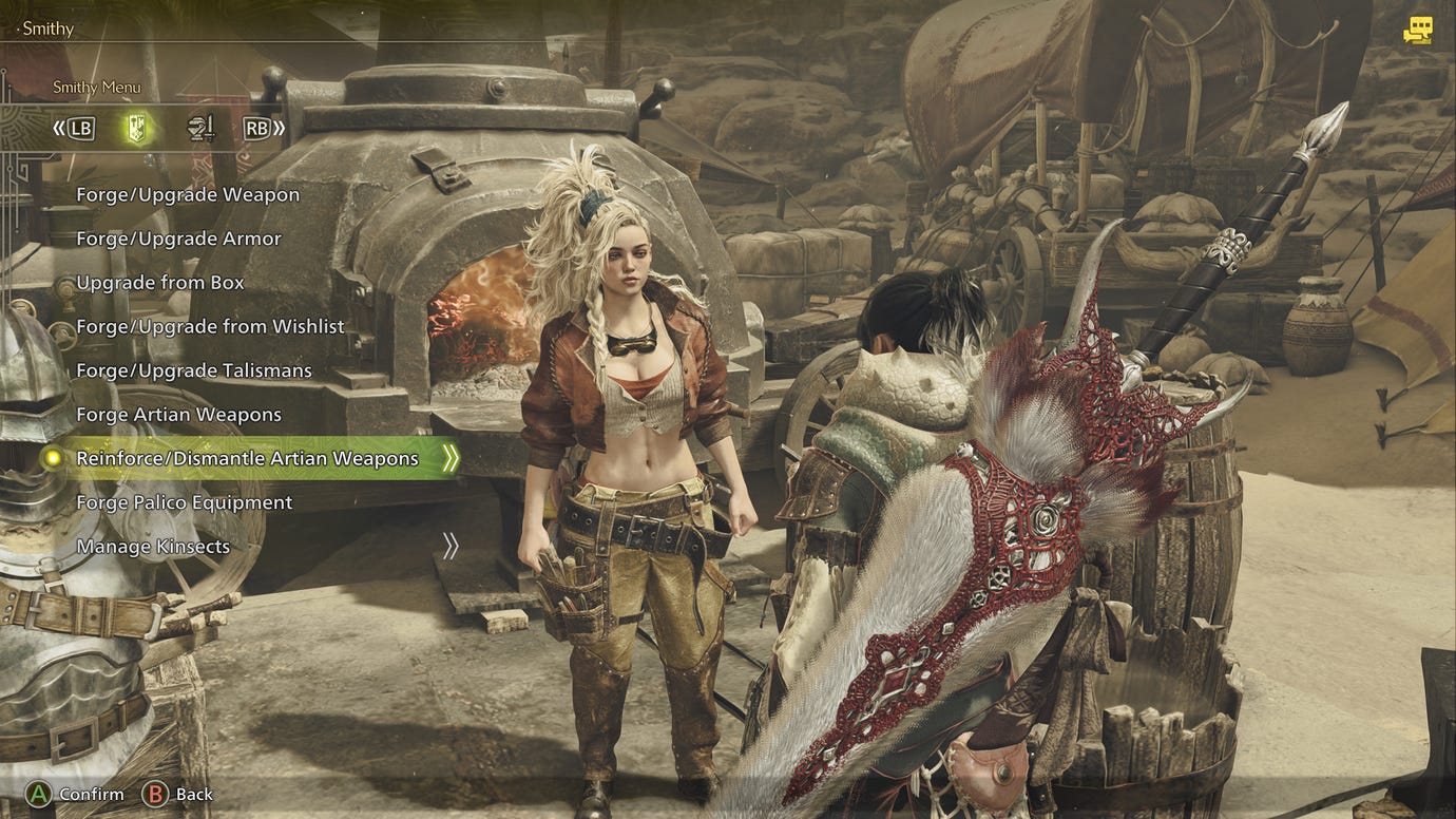The player in Monster Hunter Wilds speak to Gemma the Blacksmith. In the Smithy Menu on the left side, the