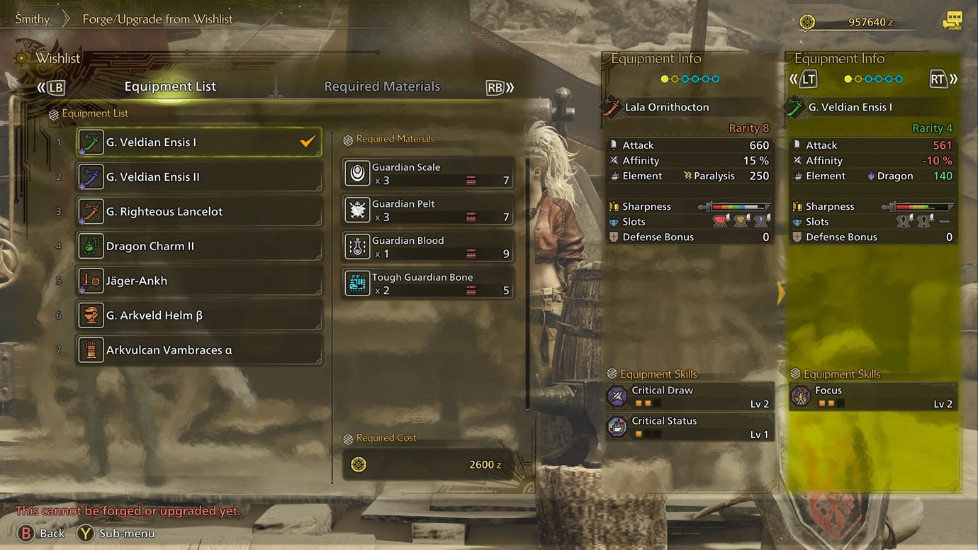 The Upgrade From Wishlist screen in Monster Hunter Wilds.