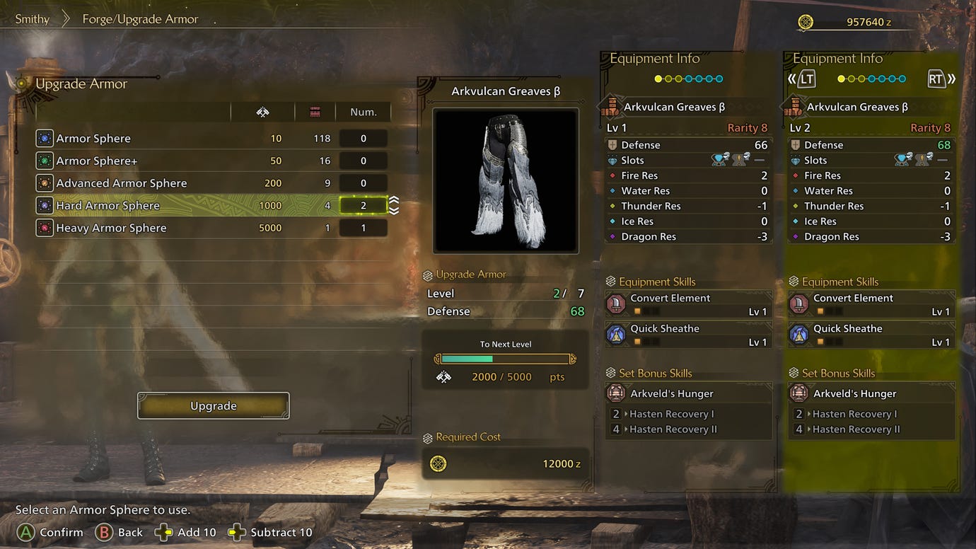 The Armor upgrade screen in Monster Hunter Wilds, with the playing inputting a number of Armor Spheres in order to upgrade a pair of Arkvulcan Greaves.
