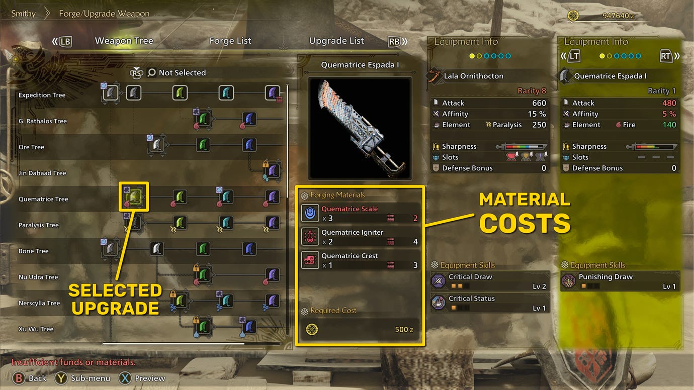 The weapon forging and upgrade screen in Monster Hunter Wilds, with the selected weapon upgrade in the tree and the material costs both highlighted in yellow.