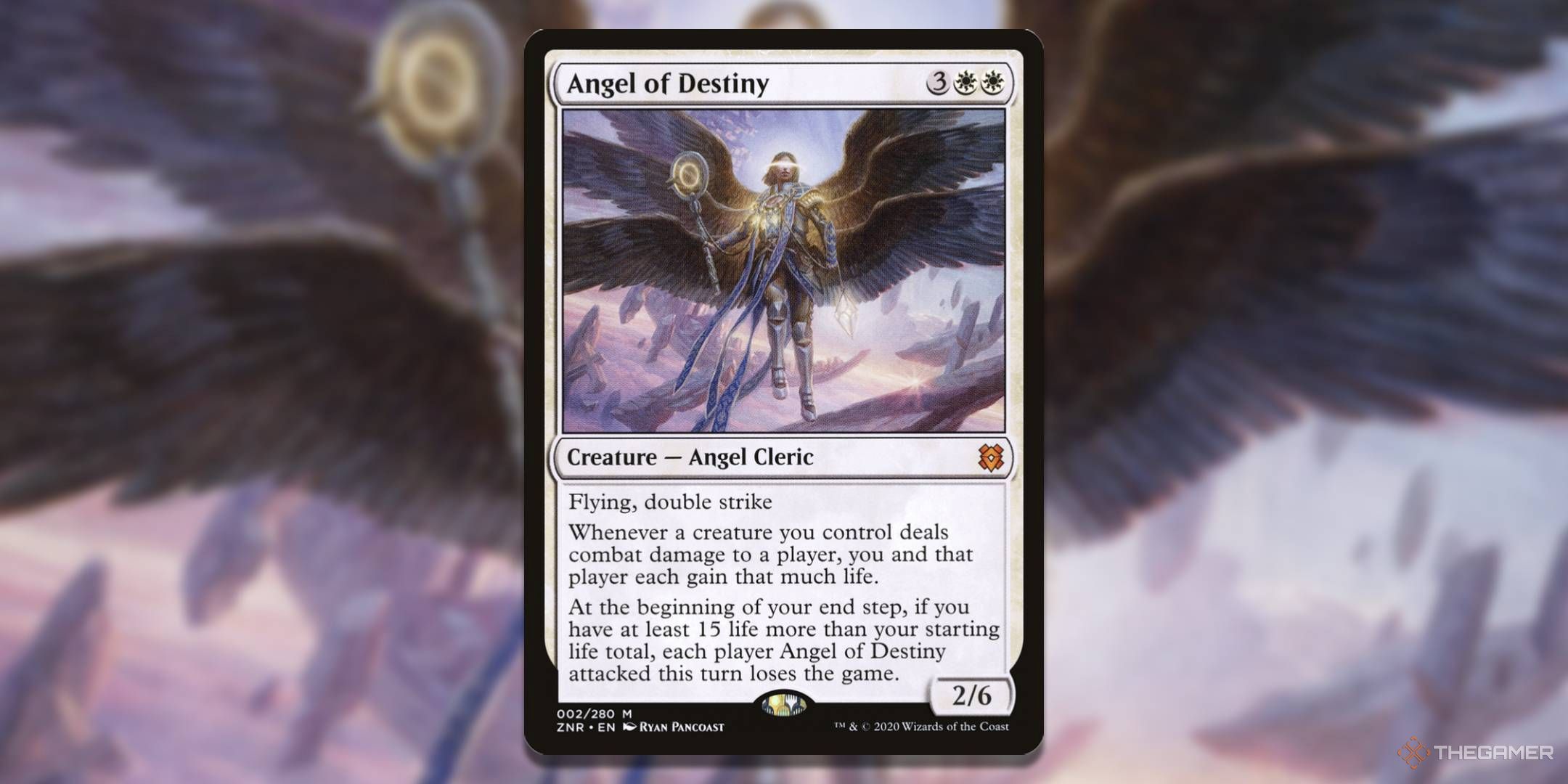 MTG Angel of Destiny card with the art in the background.