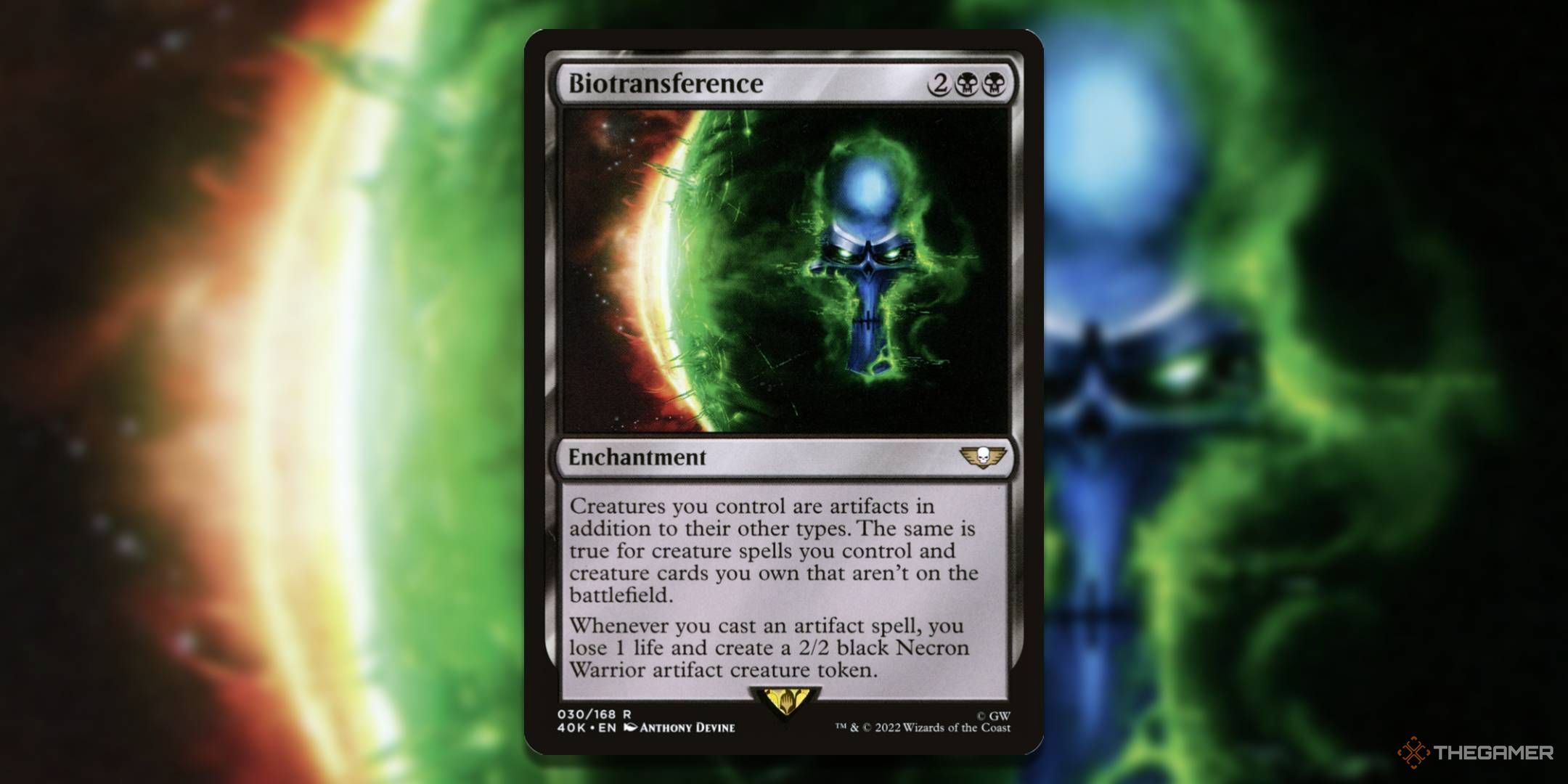 MTG Biotransference card with the art in the background.