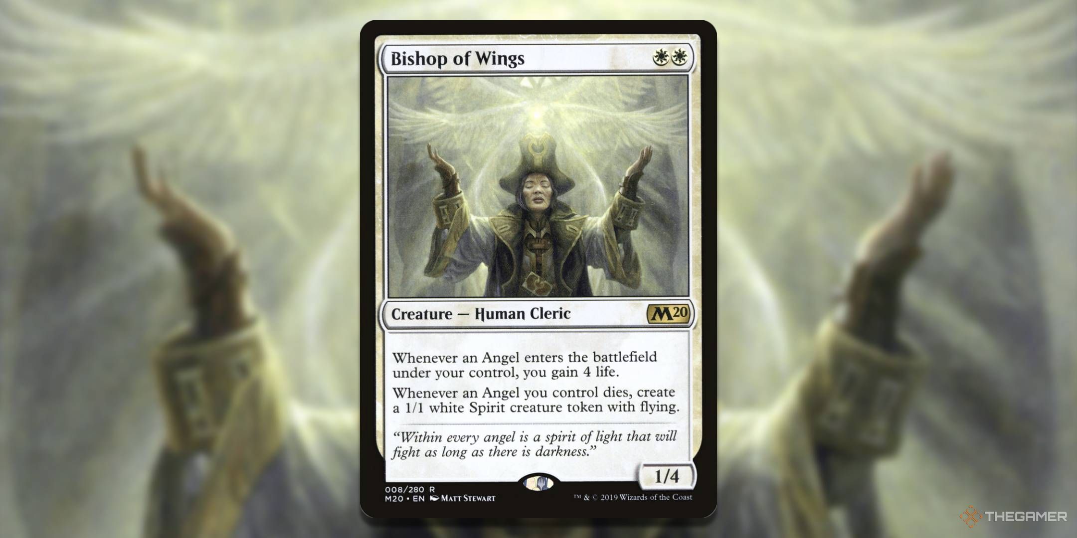 MTG Bishop of Wings card with the art in the background.