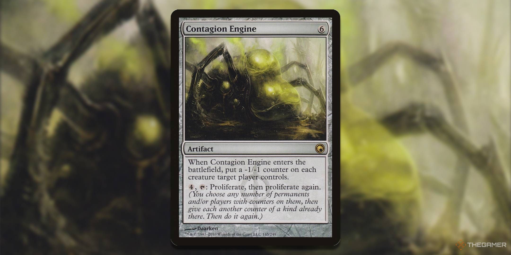 MTG Contagion Engine card with the art in the background.