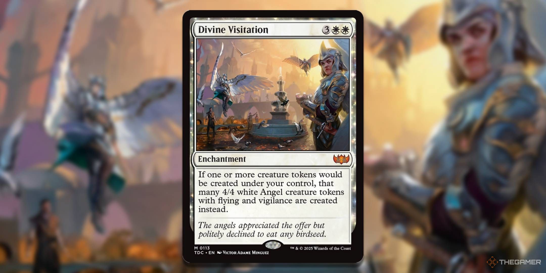MTG Divine Visitation card with the art in the background.