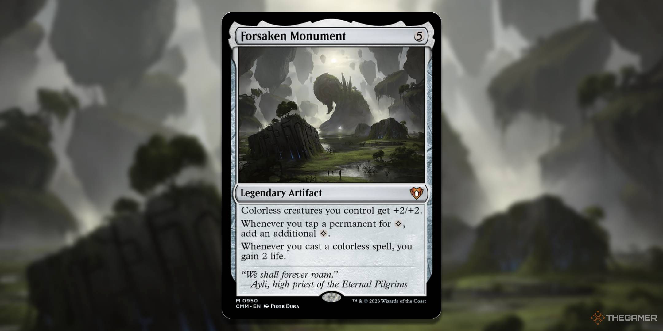 MTG Forsaken Monument card with the art in the background.