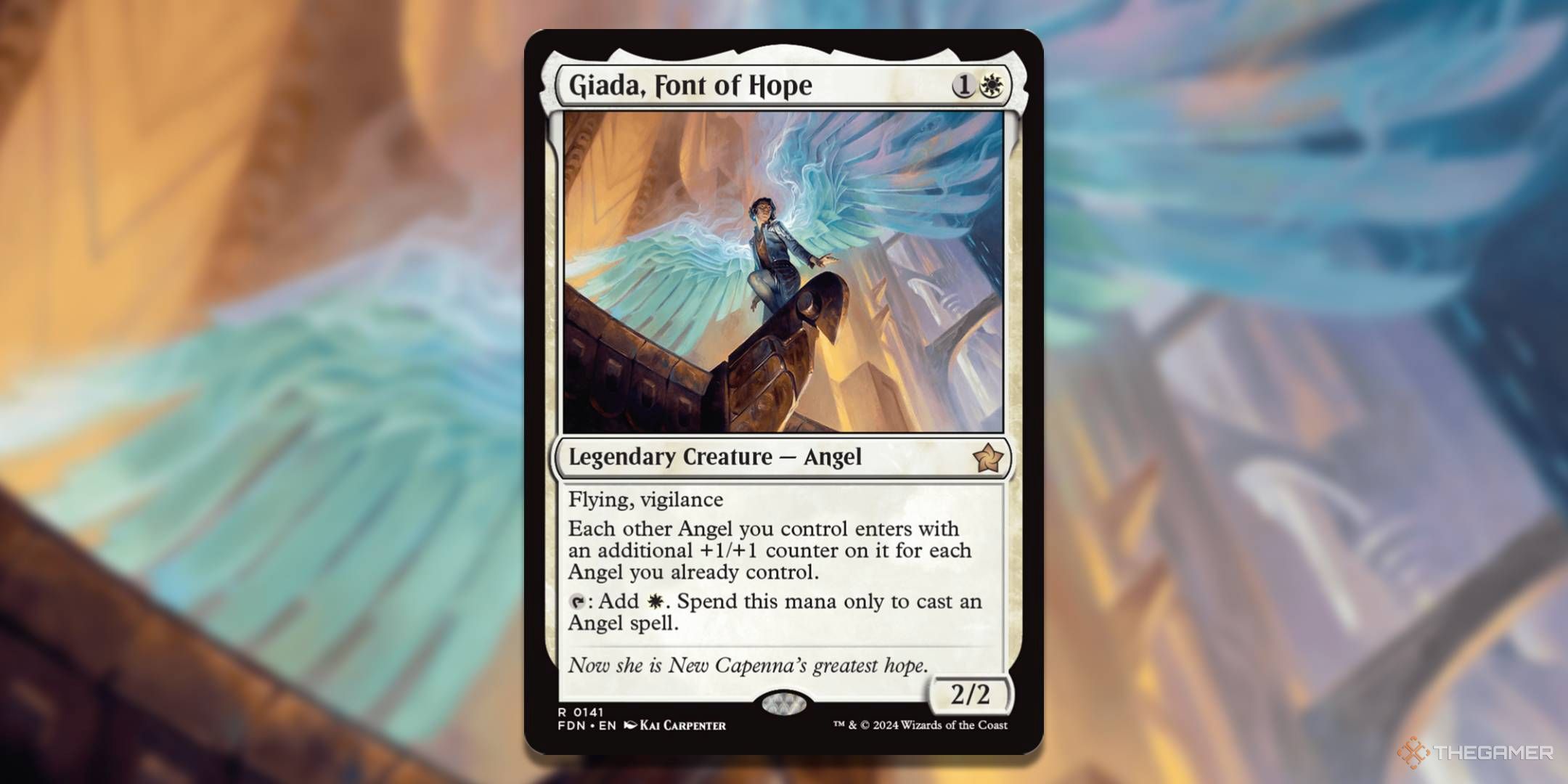 MTG Giada Font of Hope card with the art in the background.