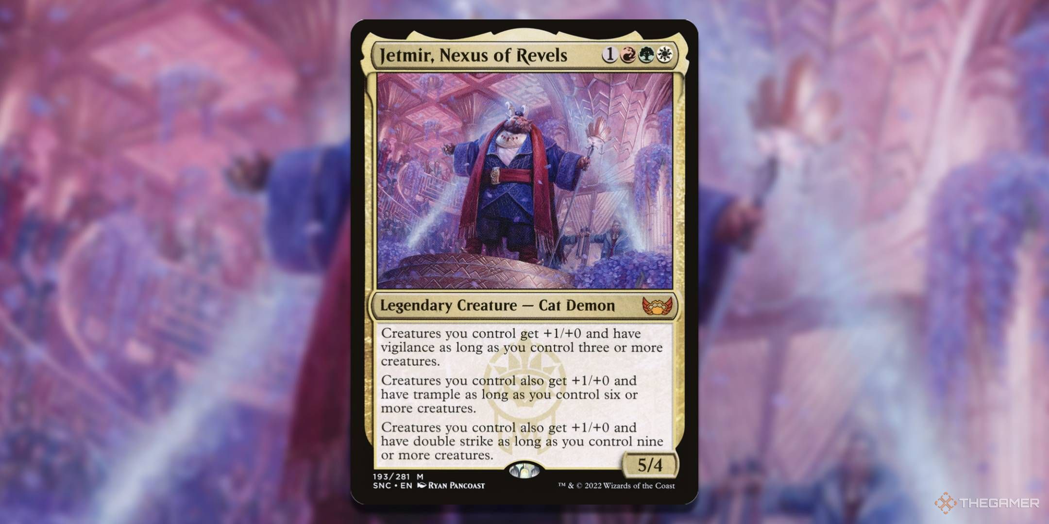 MTG Jetmir, Nexus of Revel card with the art in the background.